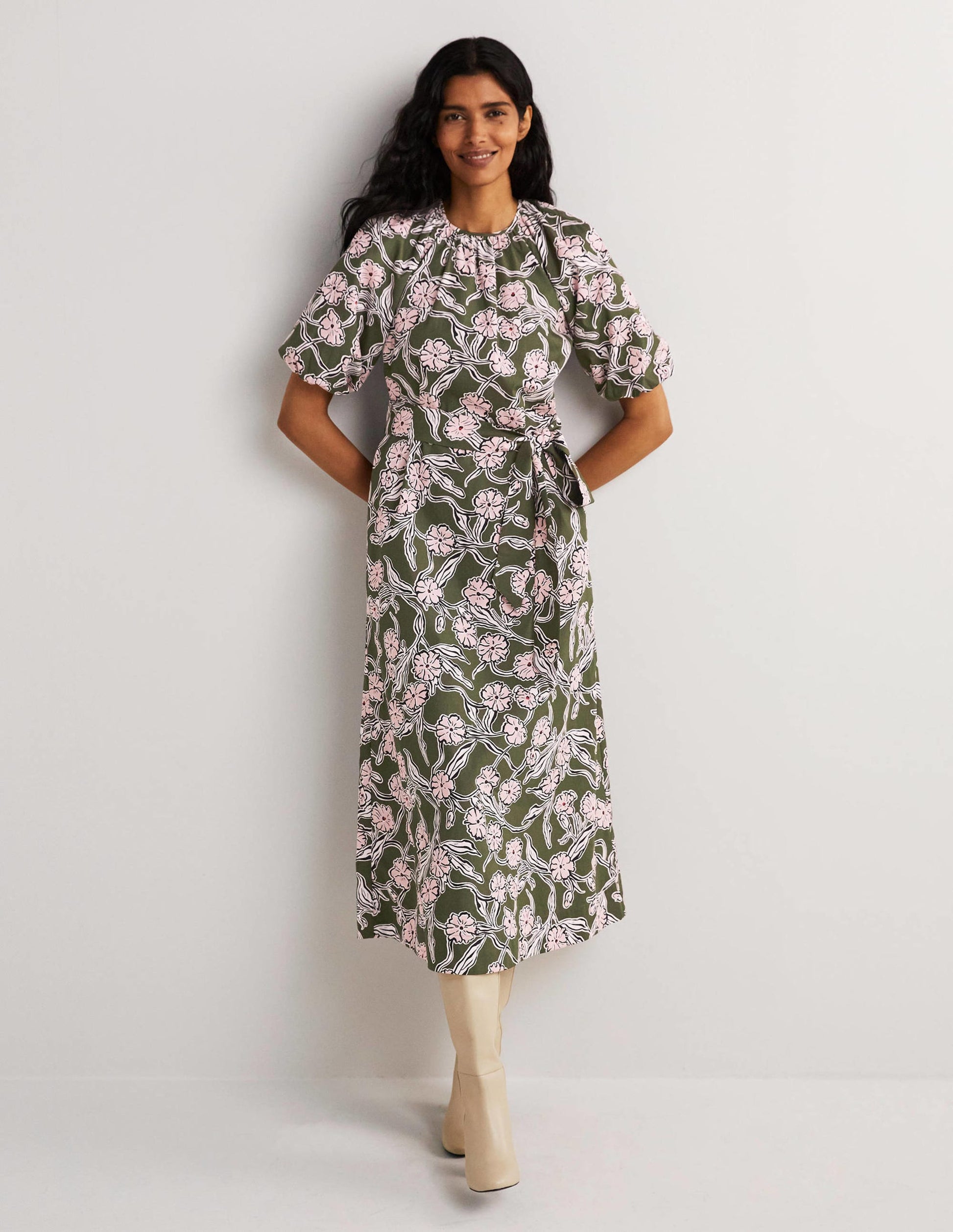 Puff Sleeve Column Midi Dress-Basil, Petal Vine-6