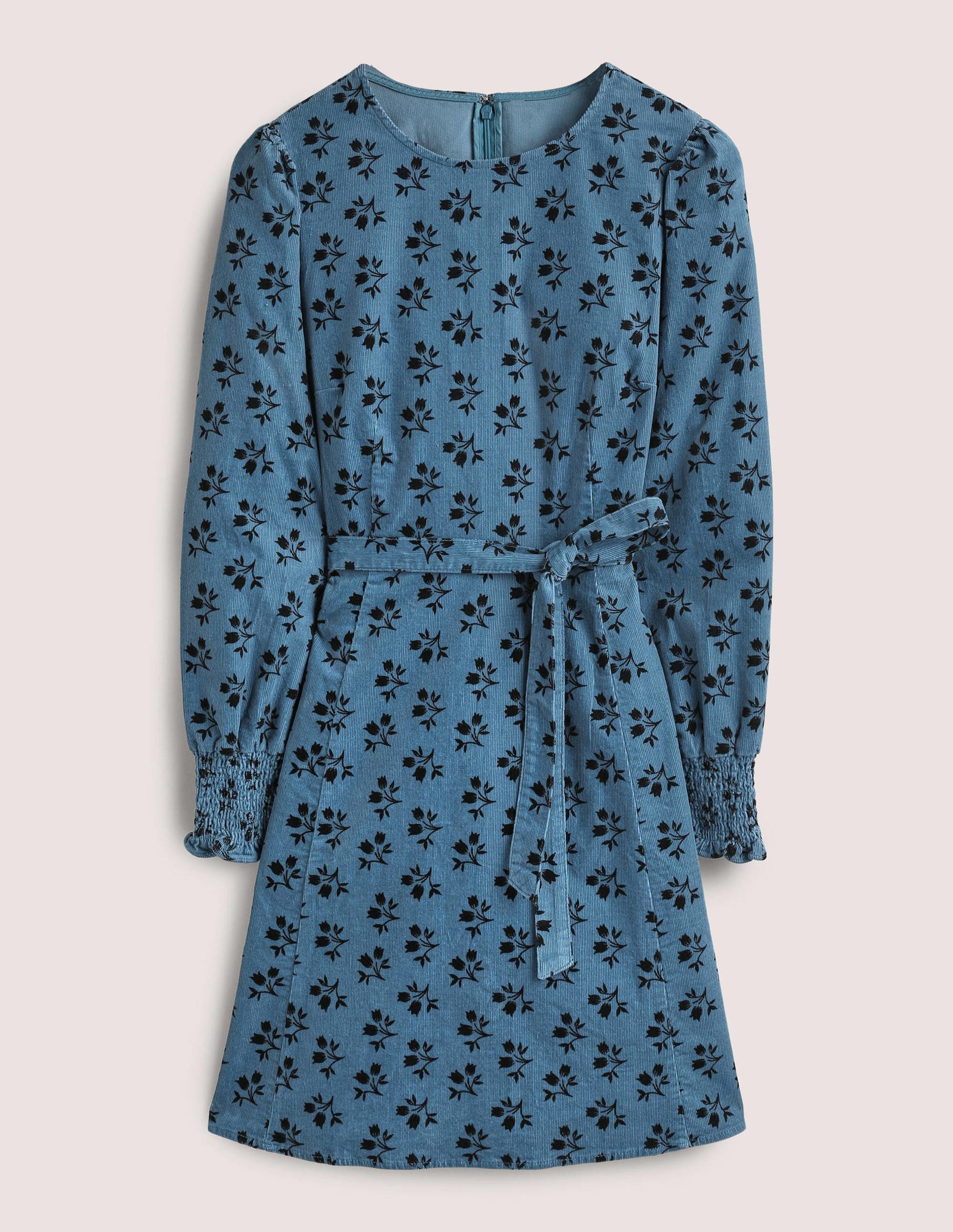 Cordkleid mit gesmokten Bündchen-Mittelblau, Blumenstrauß-8