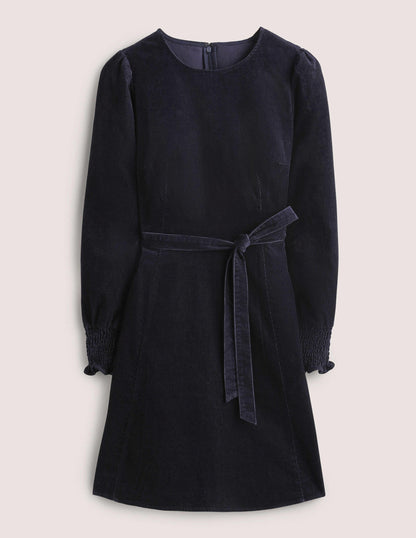 Smocked Cuff Corduroy Dress-Navy