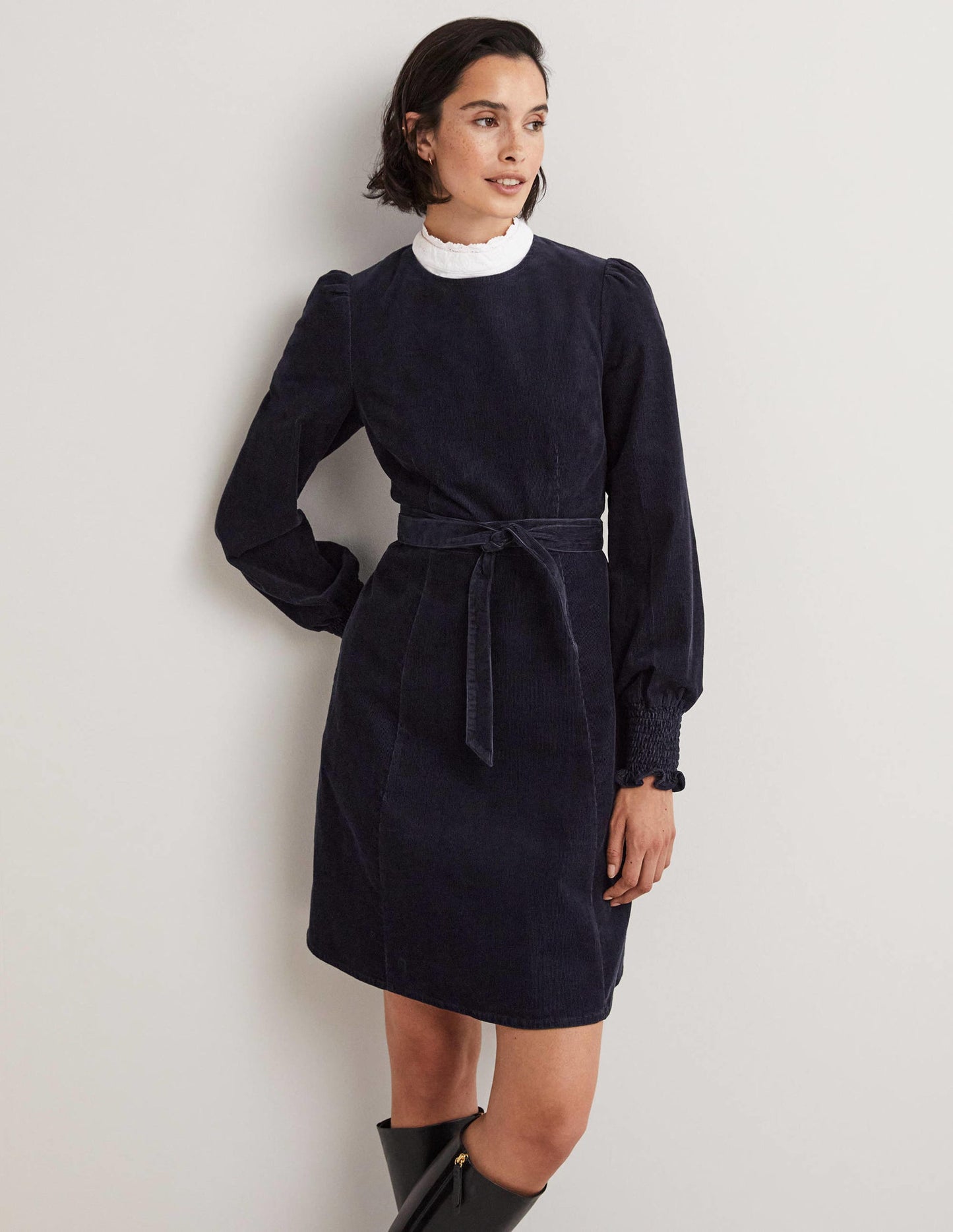 Smocked Cuff Corduroy Dress-Navy