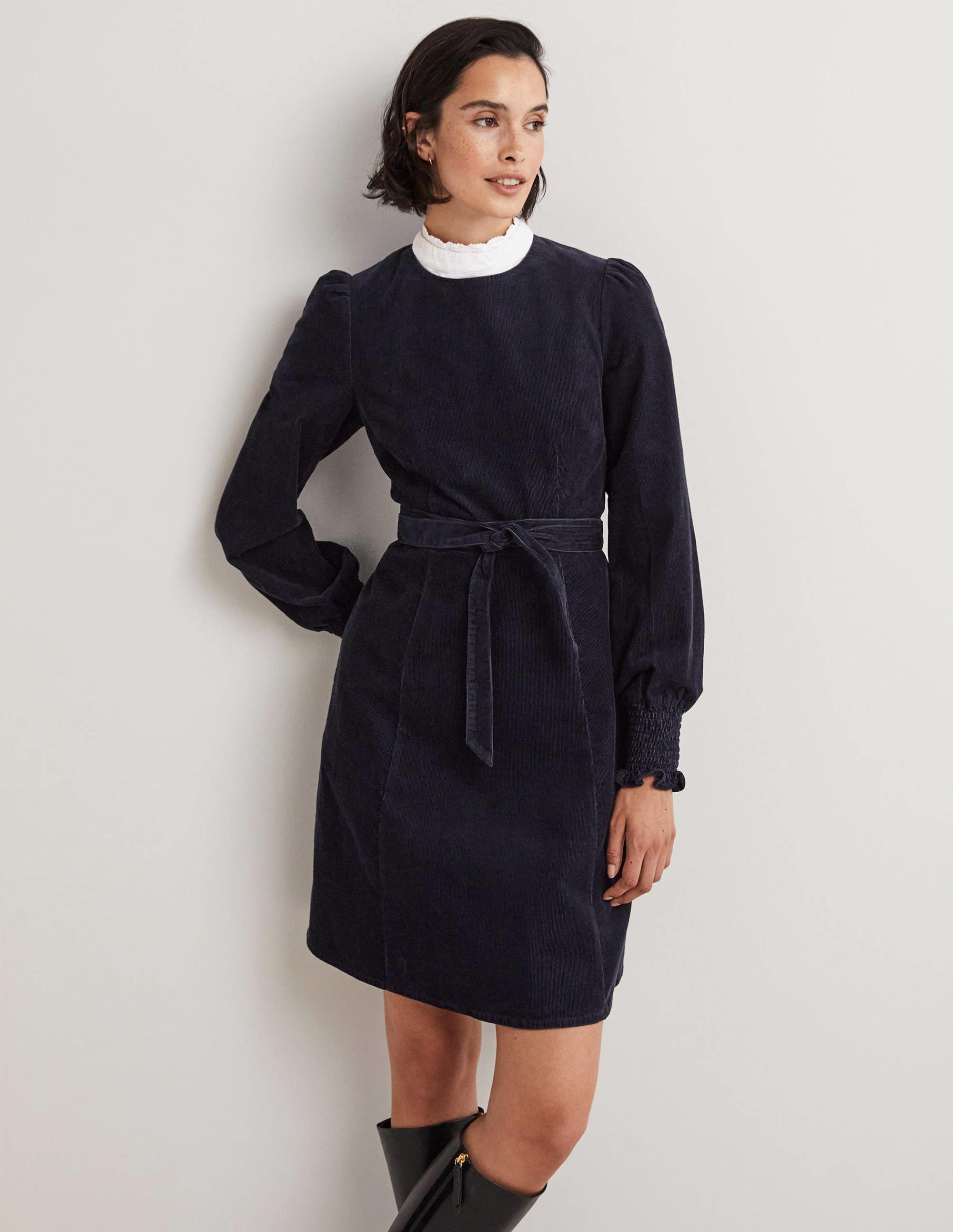 Robe en velours côtelé à poignets smockés-Bleu marine - Image 1