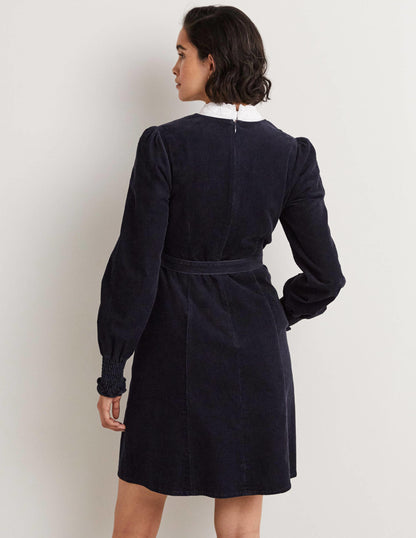 Smocked Cuff Corduroy Dress-Navy