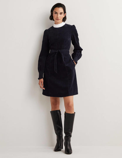 Smocked Cuff Corduroy Dress-Navy