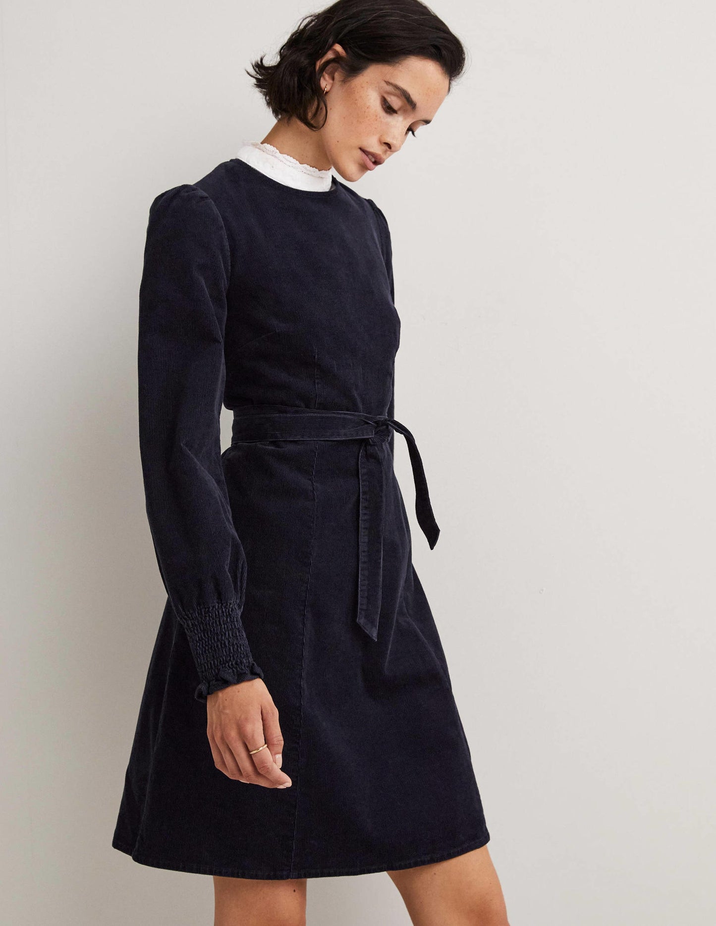 Smocked Cuff Corduroy Dress-Navy