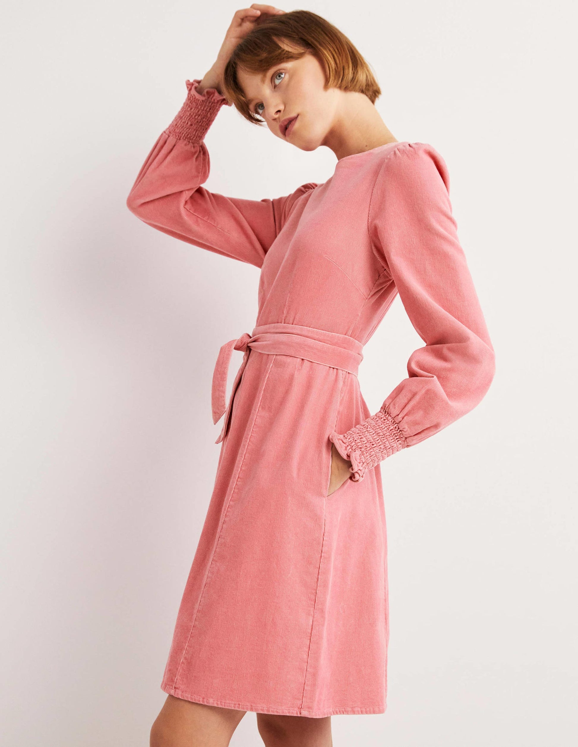 Cordkleid mit gesmokten Bündchen-Wildrose-4