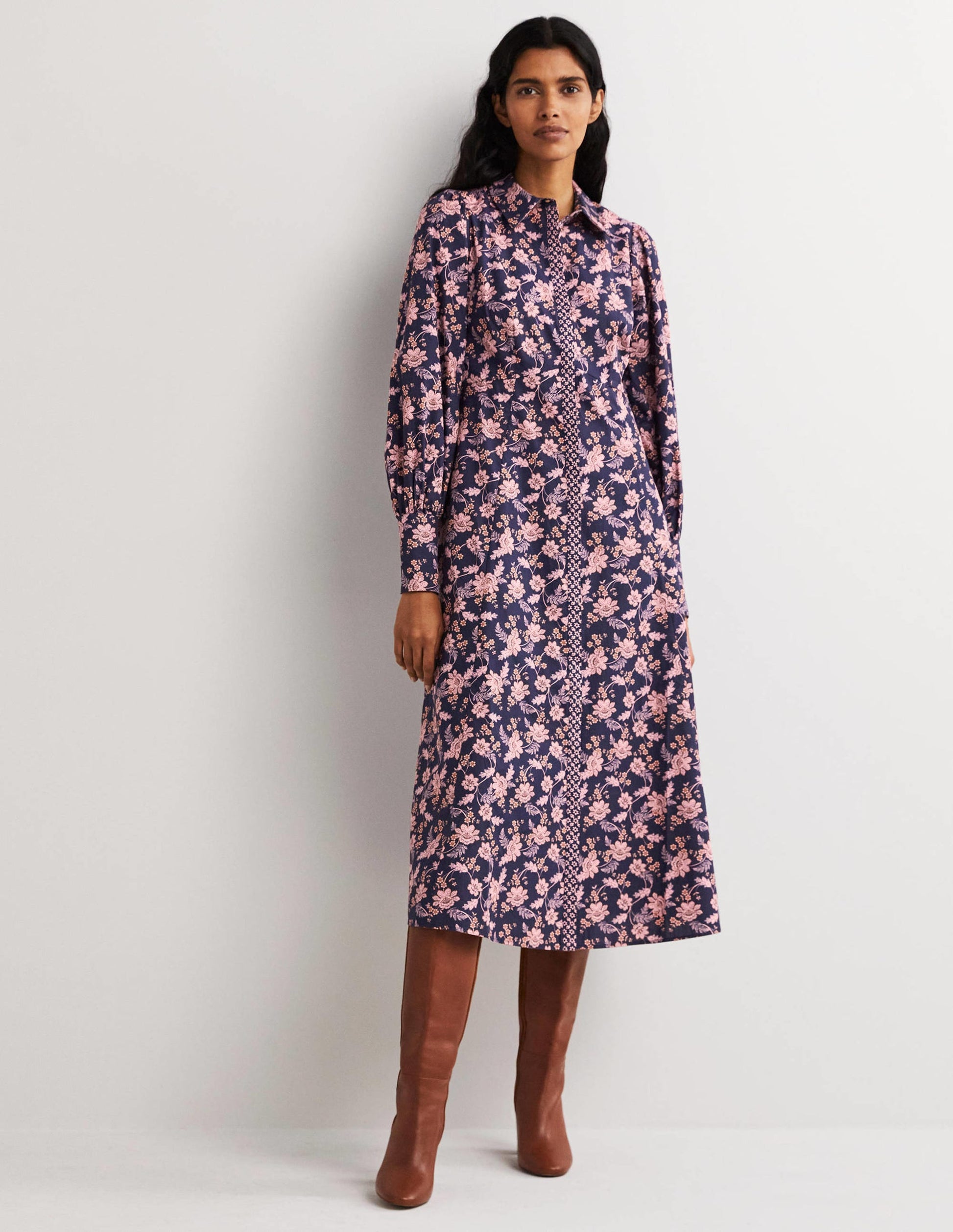 Midi-Hemdblusenkleid in Empire-Form-Navy, Chintz-Blumen-2