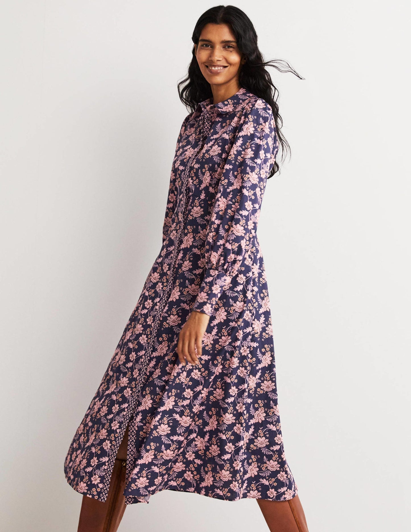 Midi-Hemdblusenkleid in Empire-Form-Navy, Chintz-Blumen