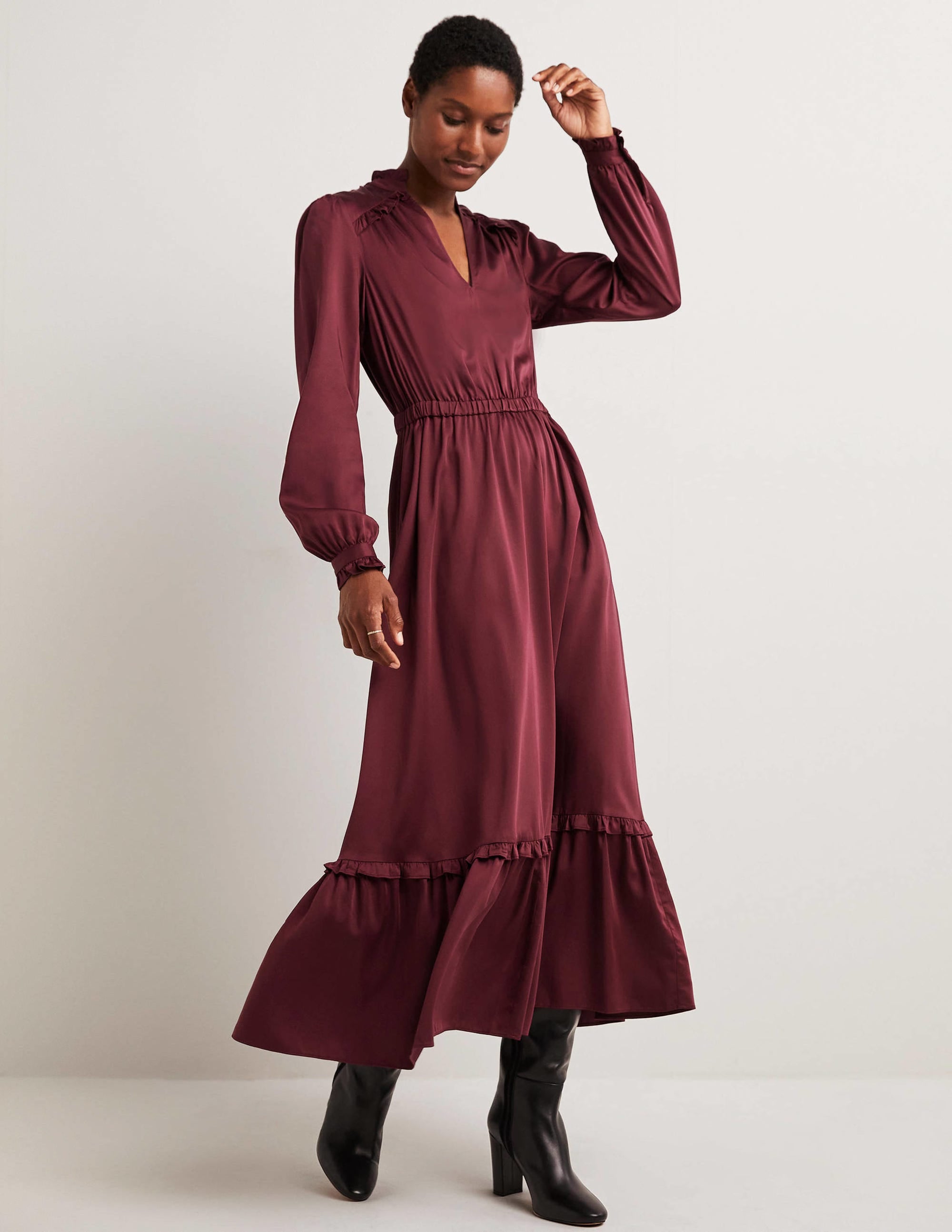 Satin-Midikleid mit Plisseefalten-Glühweinrot - Image 1