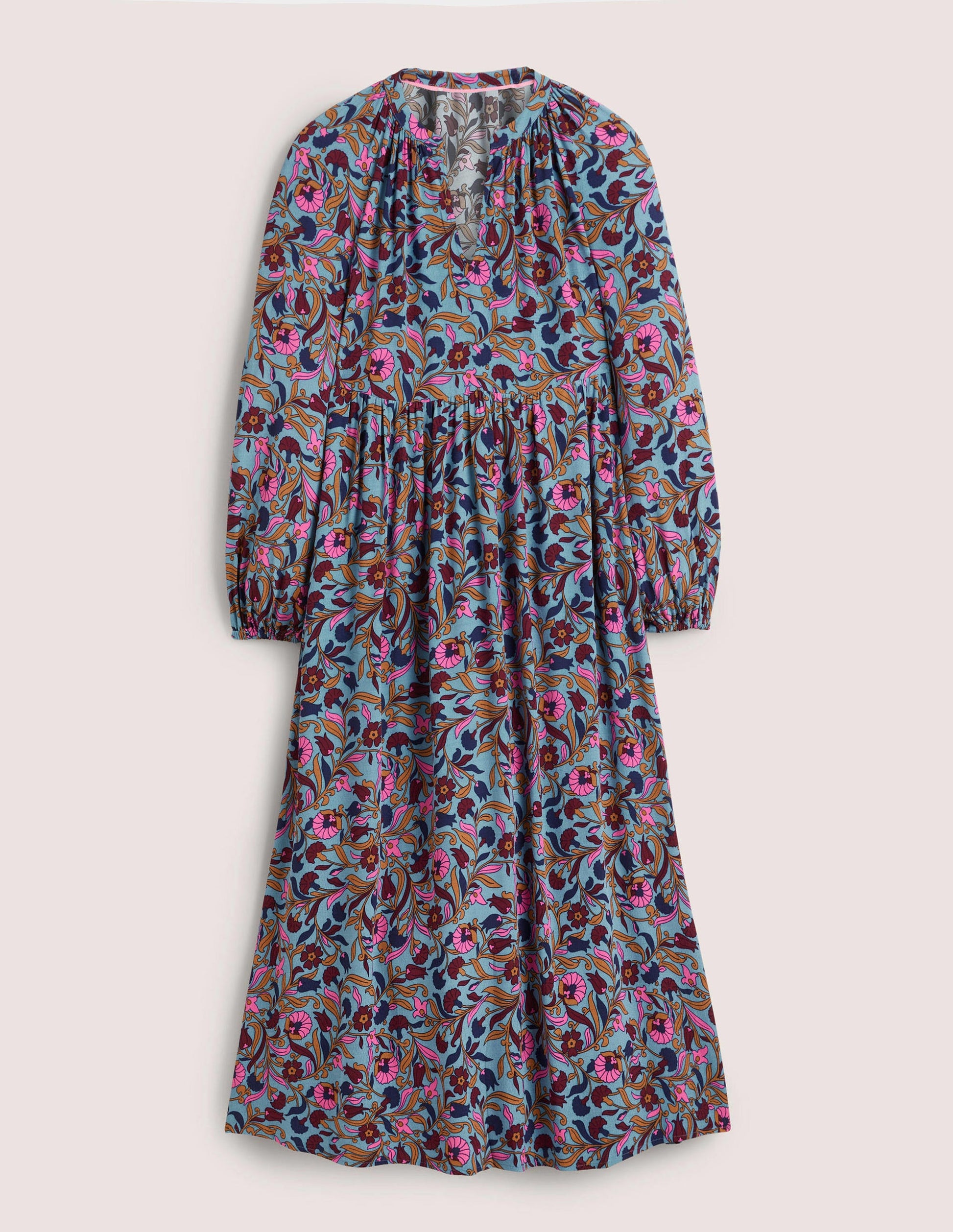 Printed Notch Neck Maxi Dress-Mid Blue, Enchanting Vine-5