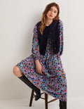 Printed Notch Neck Maxi Dress-Mid Blue, Enchanting Vine