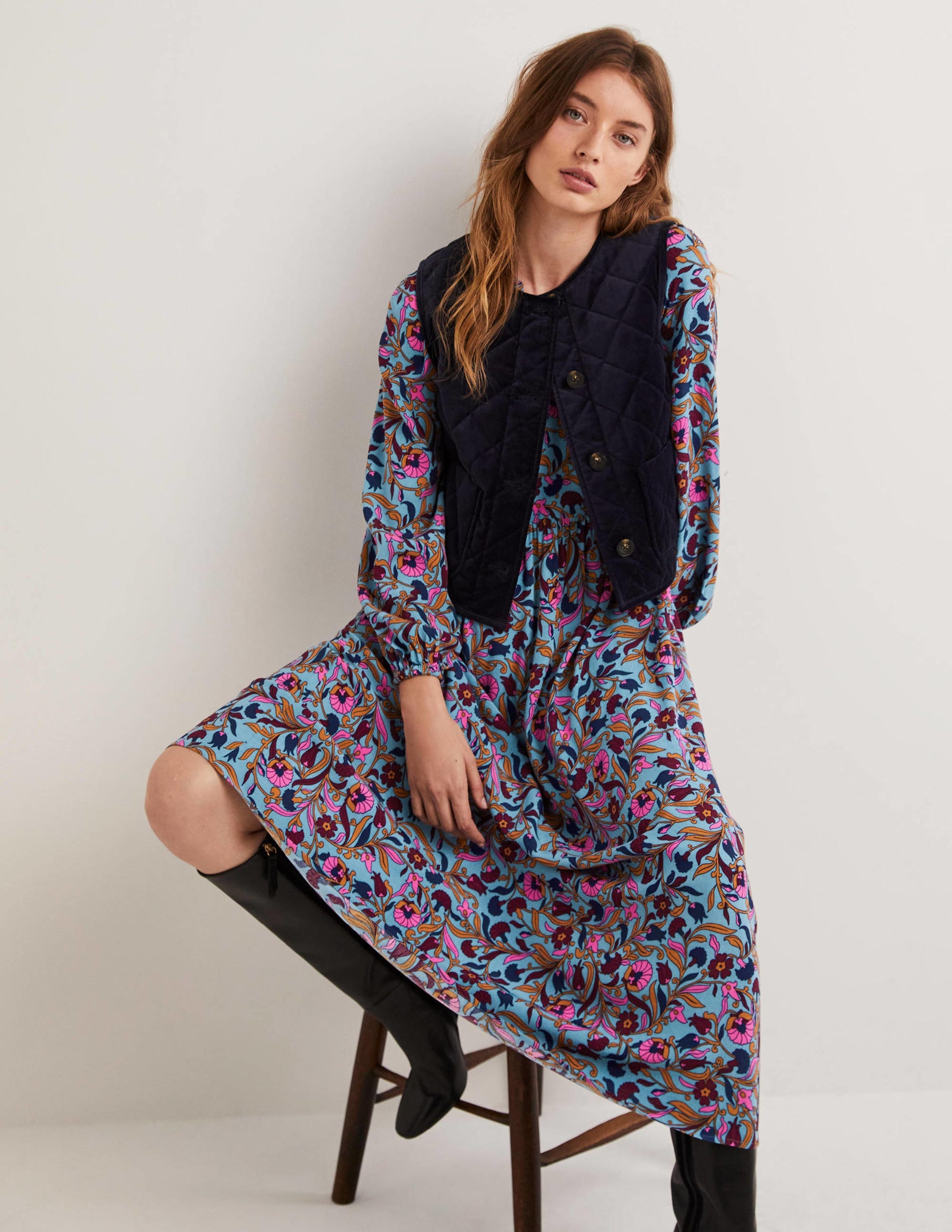 Printed Notch Neck Maxi Dress-Mid Blue, Enchanting Vine-1