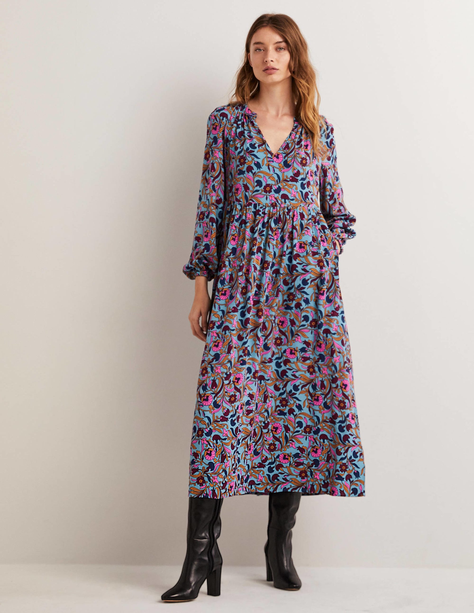 Printed Notch Neck Maxi Dress-Mid Blue, Enchanting Vine - Image 2