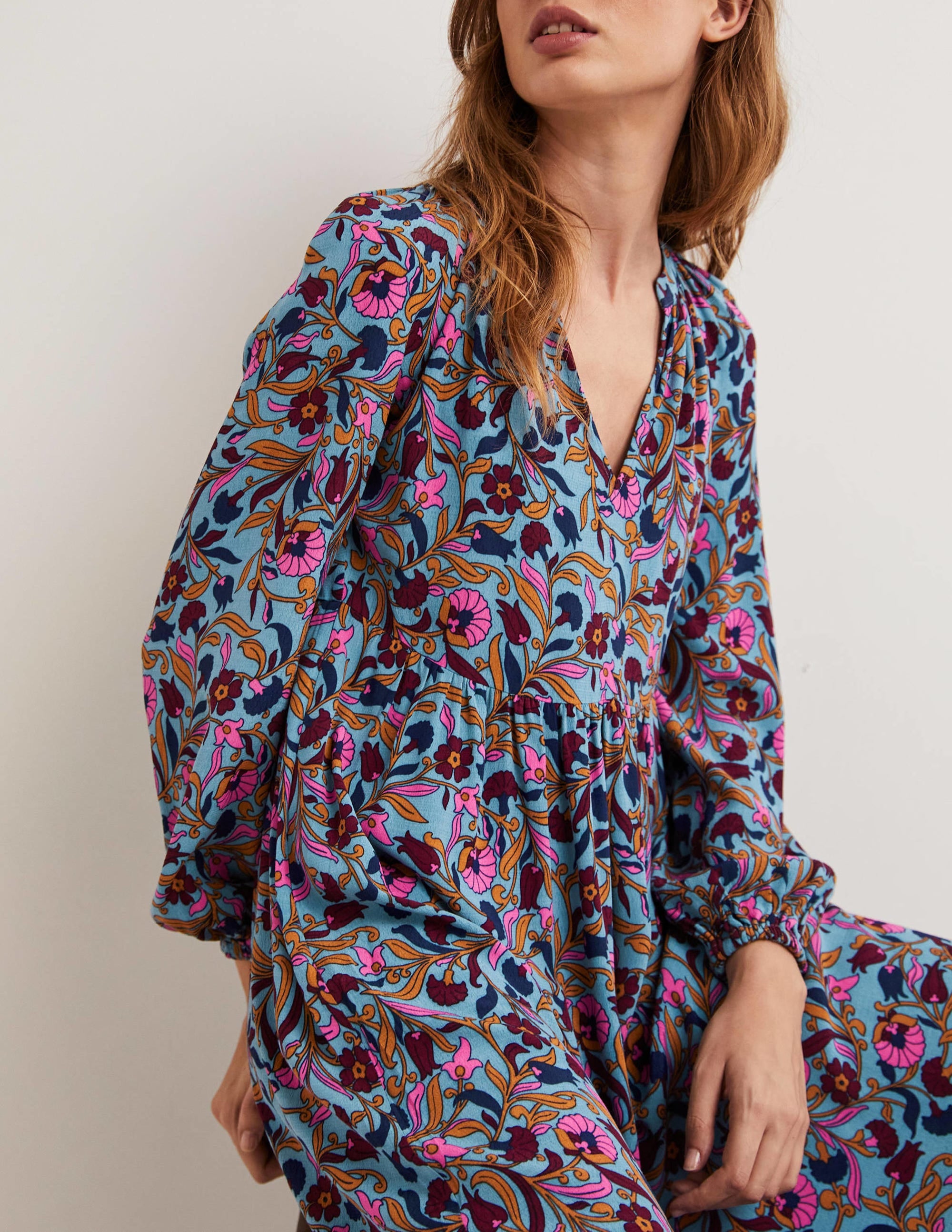 Printed Notch Neck Maxi Dress-Mid Blue, Enchanting Vine - Image 3