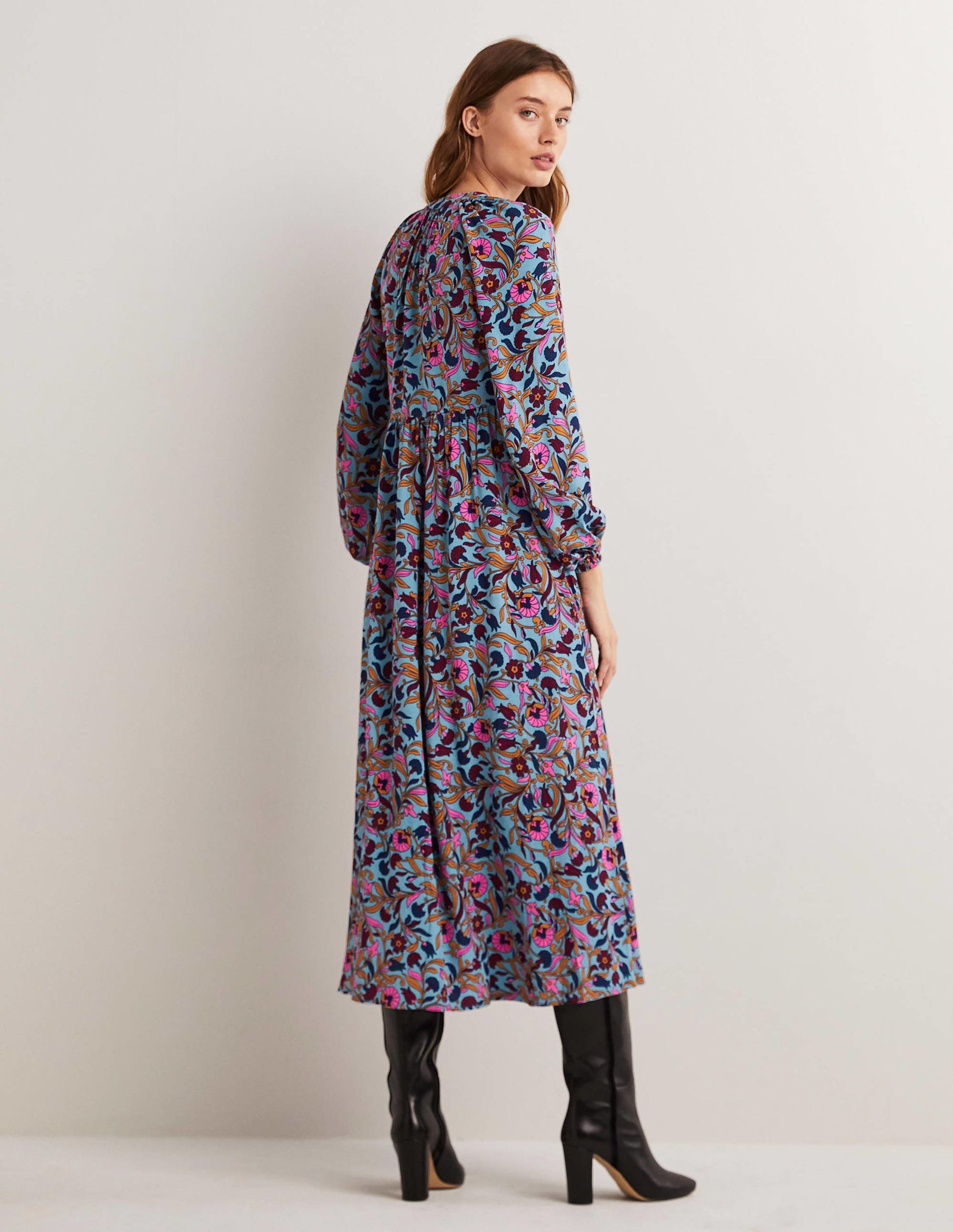Printed Notch Neck Maxi Dress-Mid Blue, Enchanting Vine-4