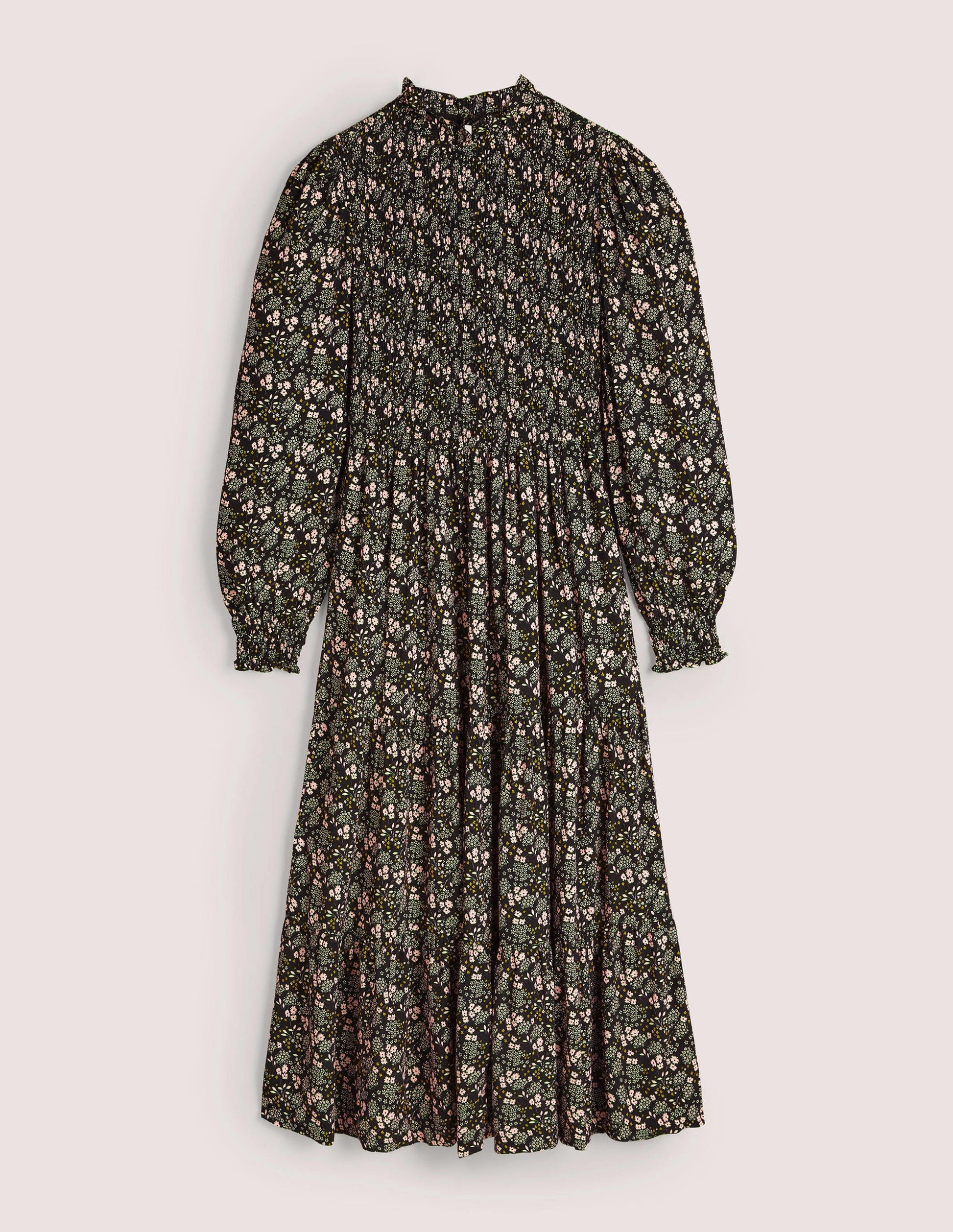 Robe midi à smocks et volants-Noir, motif Prairie Garden-7