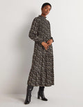 Robe midi à smocks et volants-Noir, motif Prairie Garden