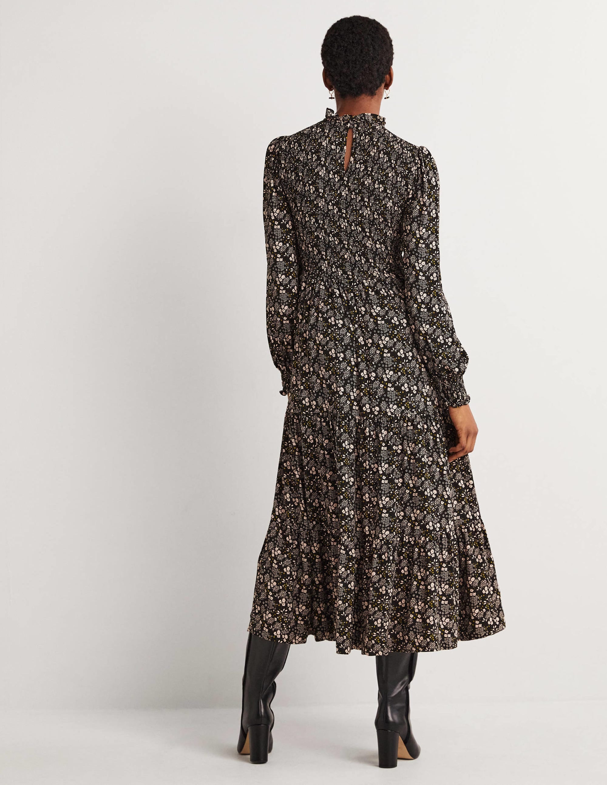 Robe midi à smocks et volants-Noir, motif Prairie Garden - Image 3