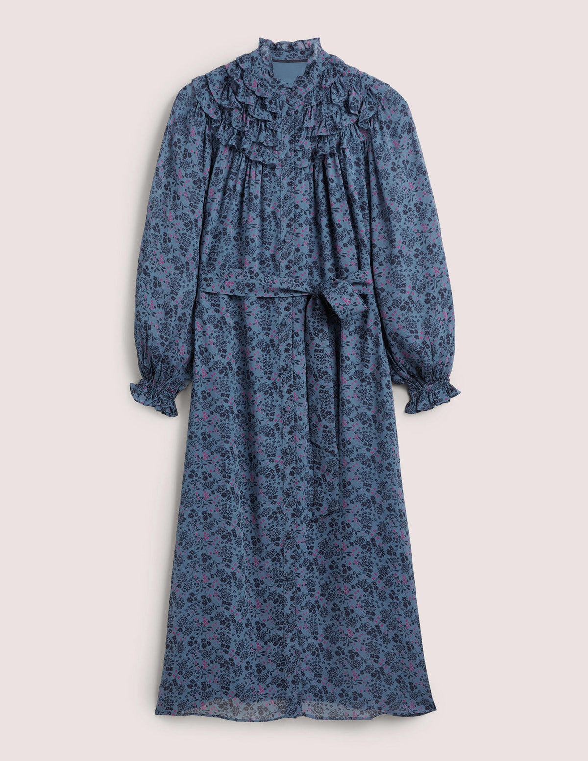 Midi-Hemdblusenkleid mit gerüschter Passe-Mittelblau, Präriegarten-7