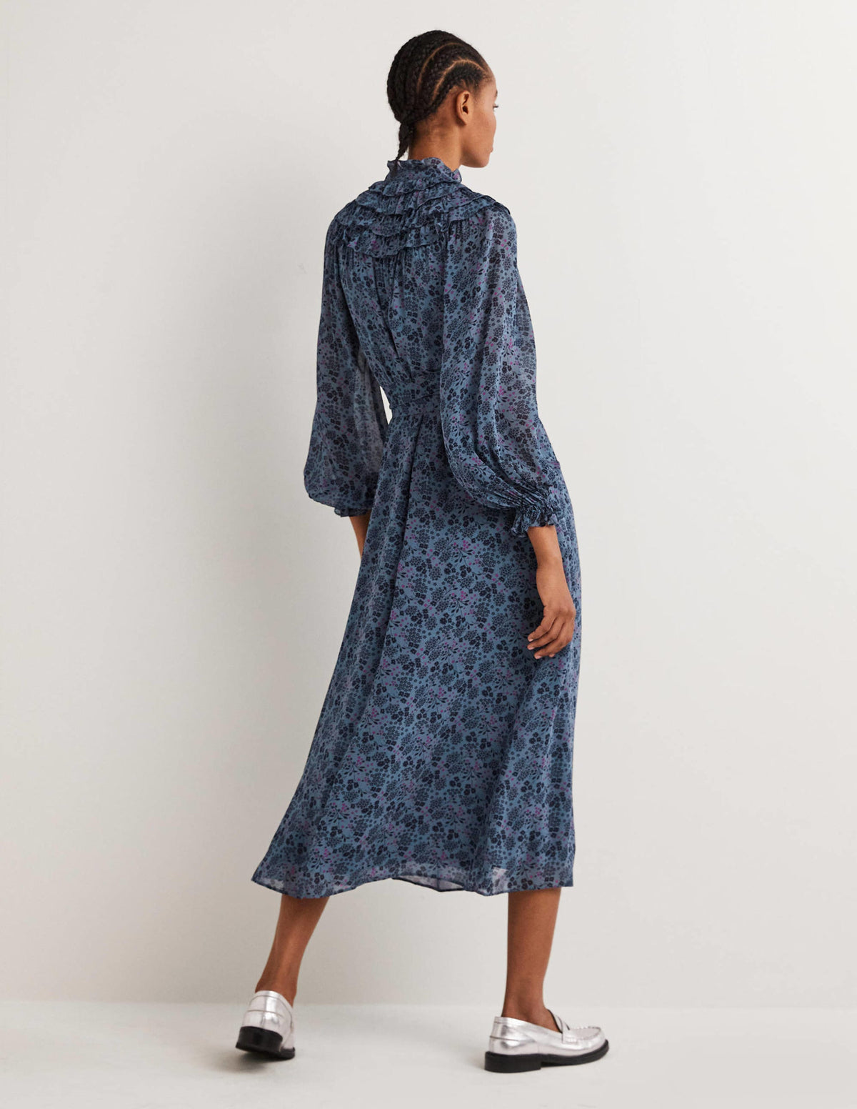 Midi-Hemdblusenkleid mit gerüschter Passe-Mittelblau, Präriegarten - Image 3