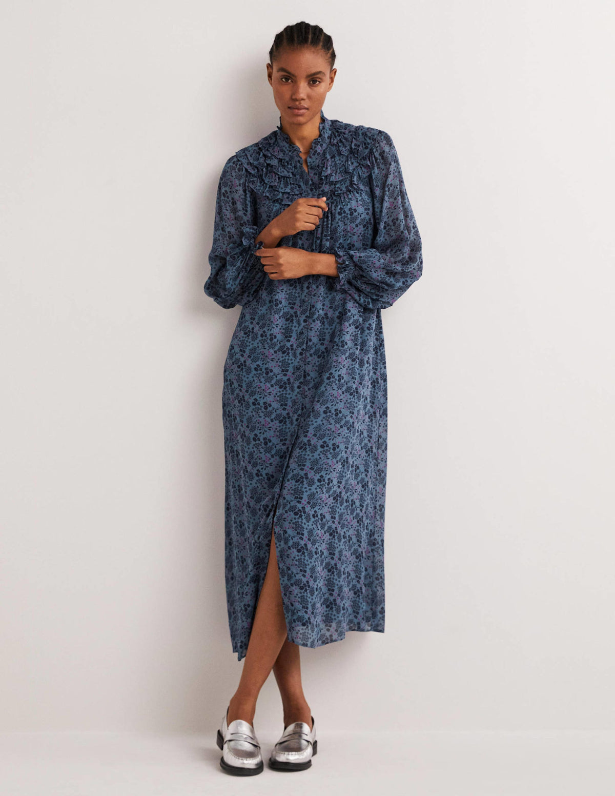 Midi-Hemdblusenkleid mit gerüschter Passe-Mittelblau, Präriegarten-4