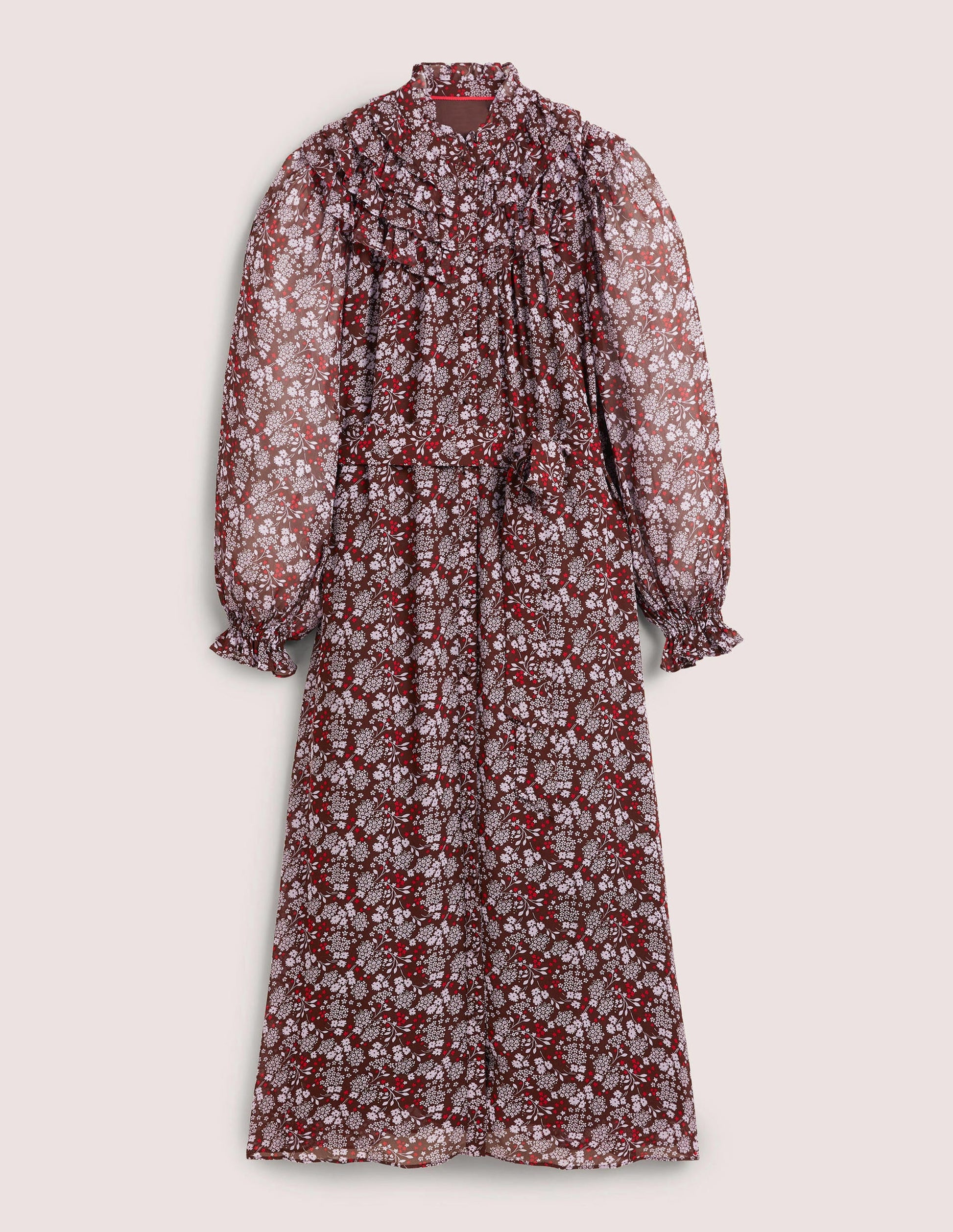 Midi-Hemdblusenkleid mit gerüschter Passe-Dunkles Mahagoni, Präriegarten-6