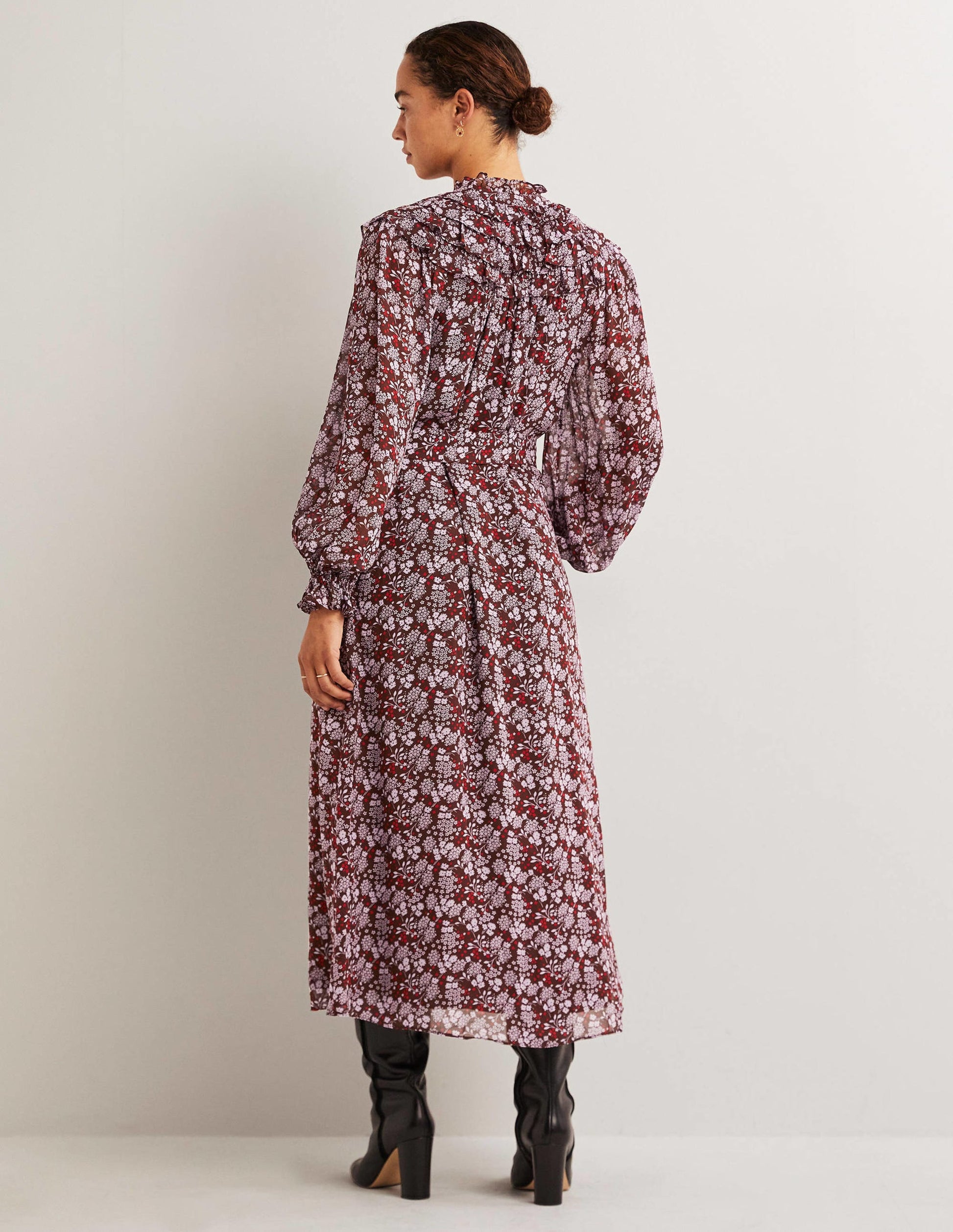 Midi-Hemdblusenkleid mit gerüschter Passe-Dunkles Mahagoni, Präriegarten-3