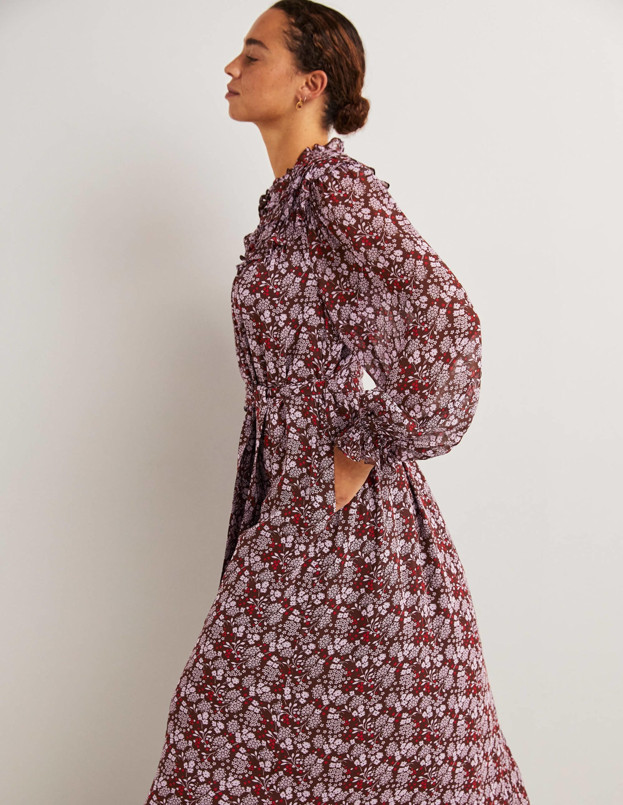 Midi-Hemdblusenkleid mit gerüschter Passe-Dunkles Mahagoni, Präriegarten - Image 4