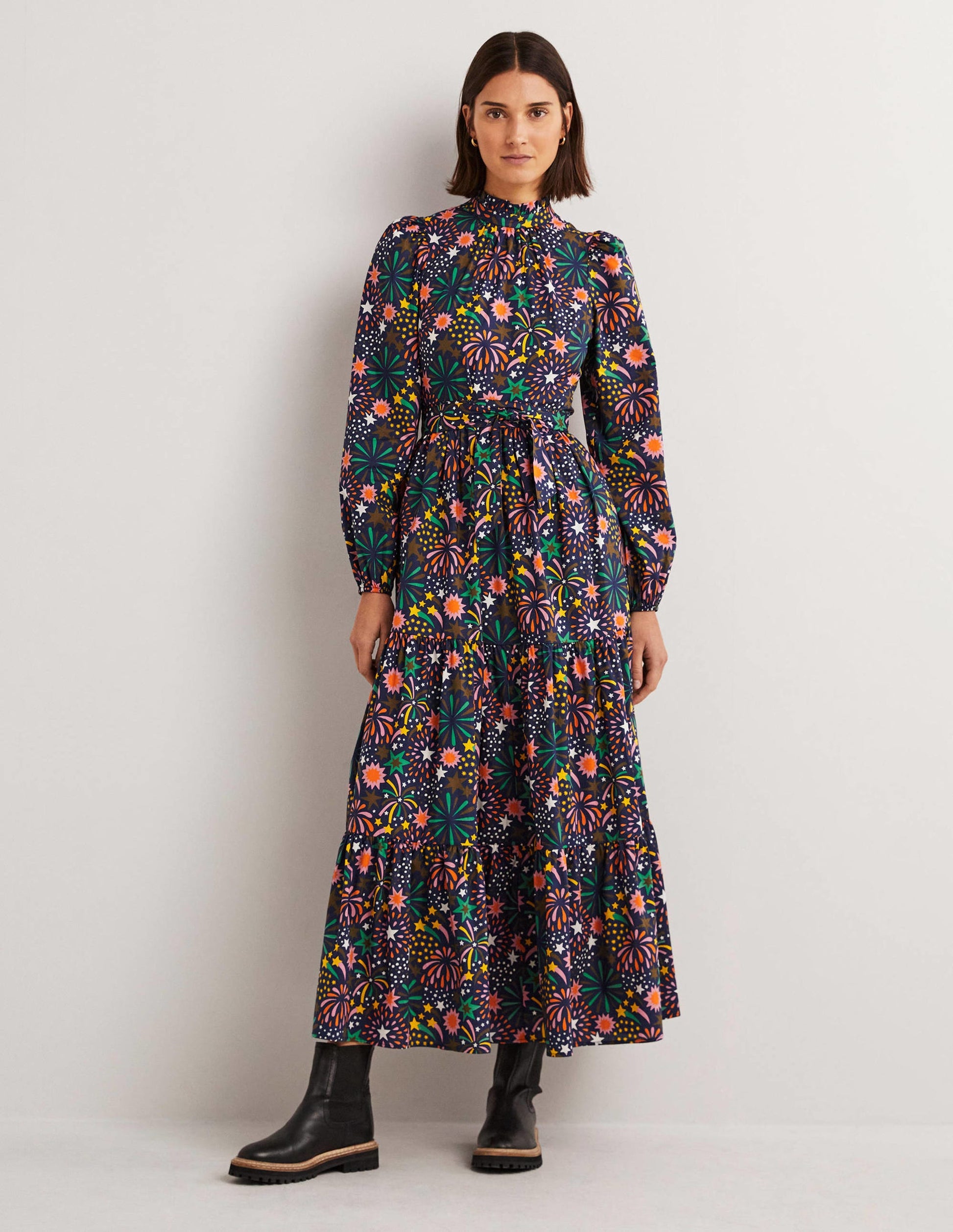 Maxikleid mit Gigot-Ärmeln-Bunt, Blumenfeuerwerk-1
