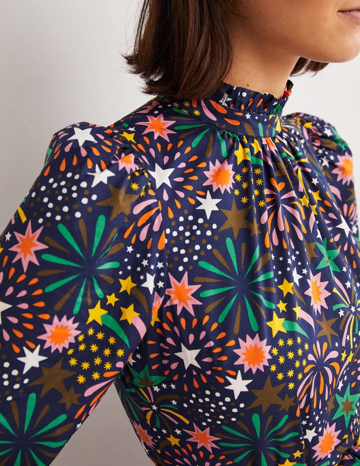 Maxikleid mit Gigot-Ärmeln-Bunt, Blumenfeuerwerk-2