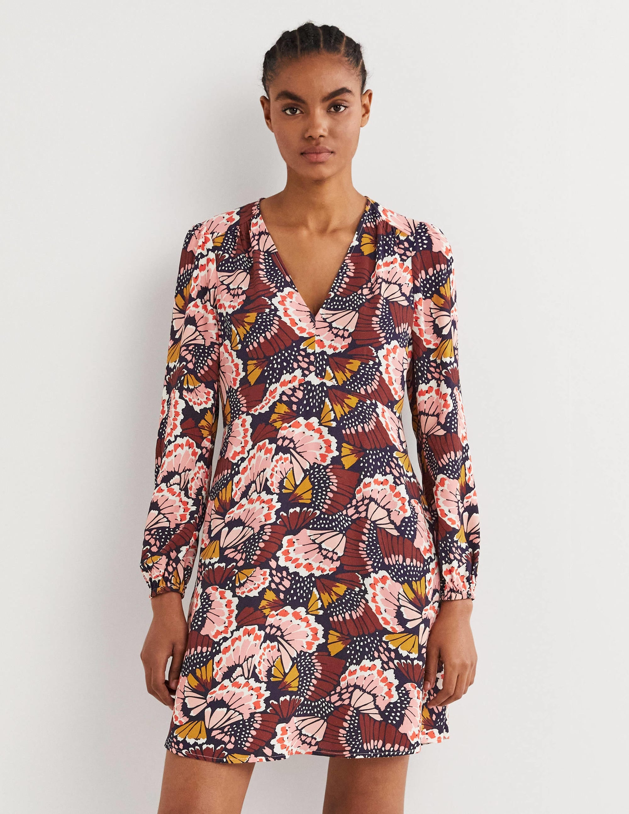 V-Neck Tea Dress-Multi, Petal Stamp - Image 1