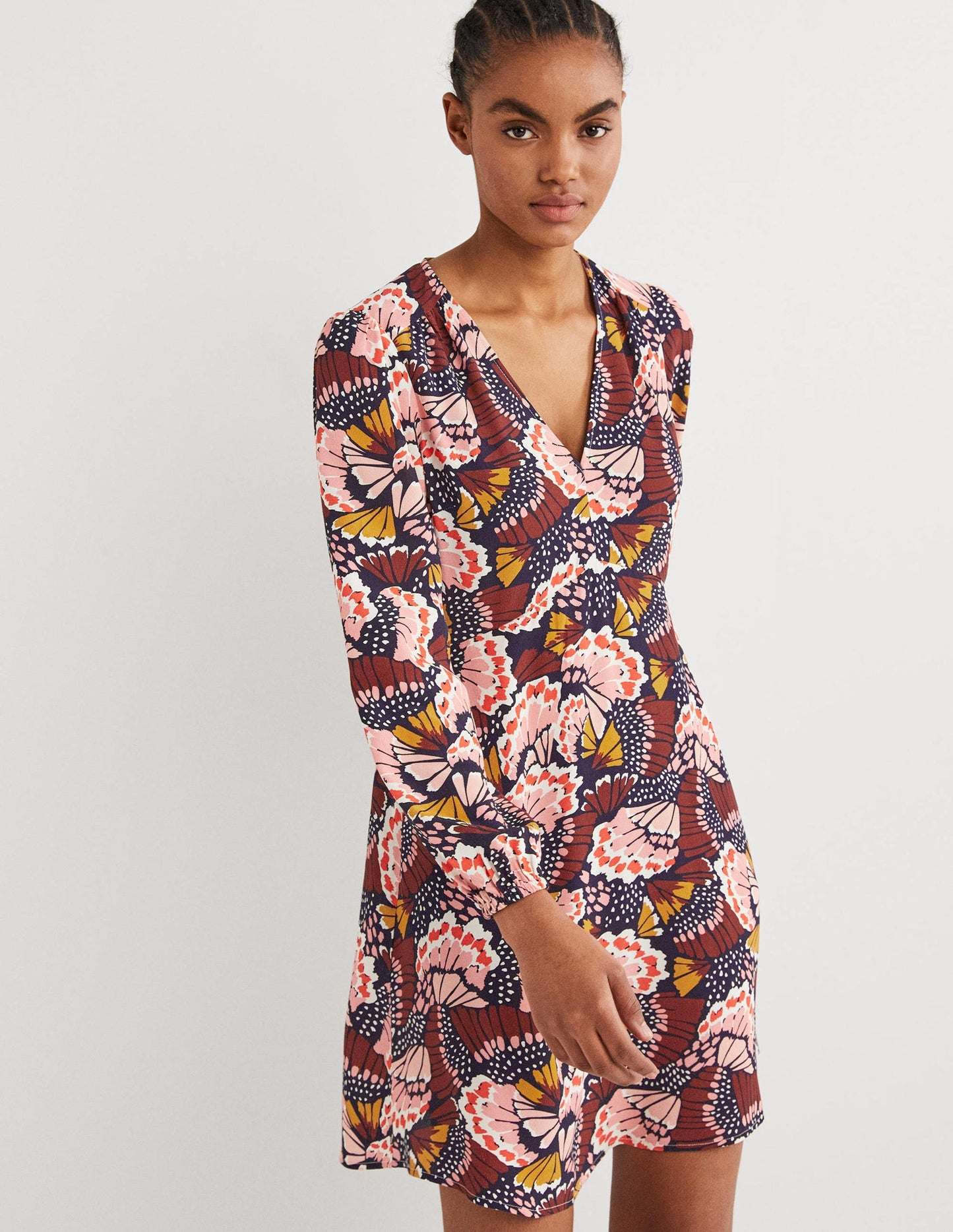 Kleid mit V-Ausschnitt-Bunt, Blütenmuster