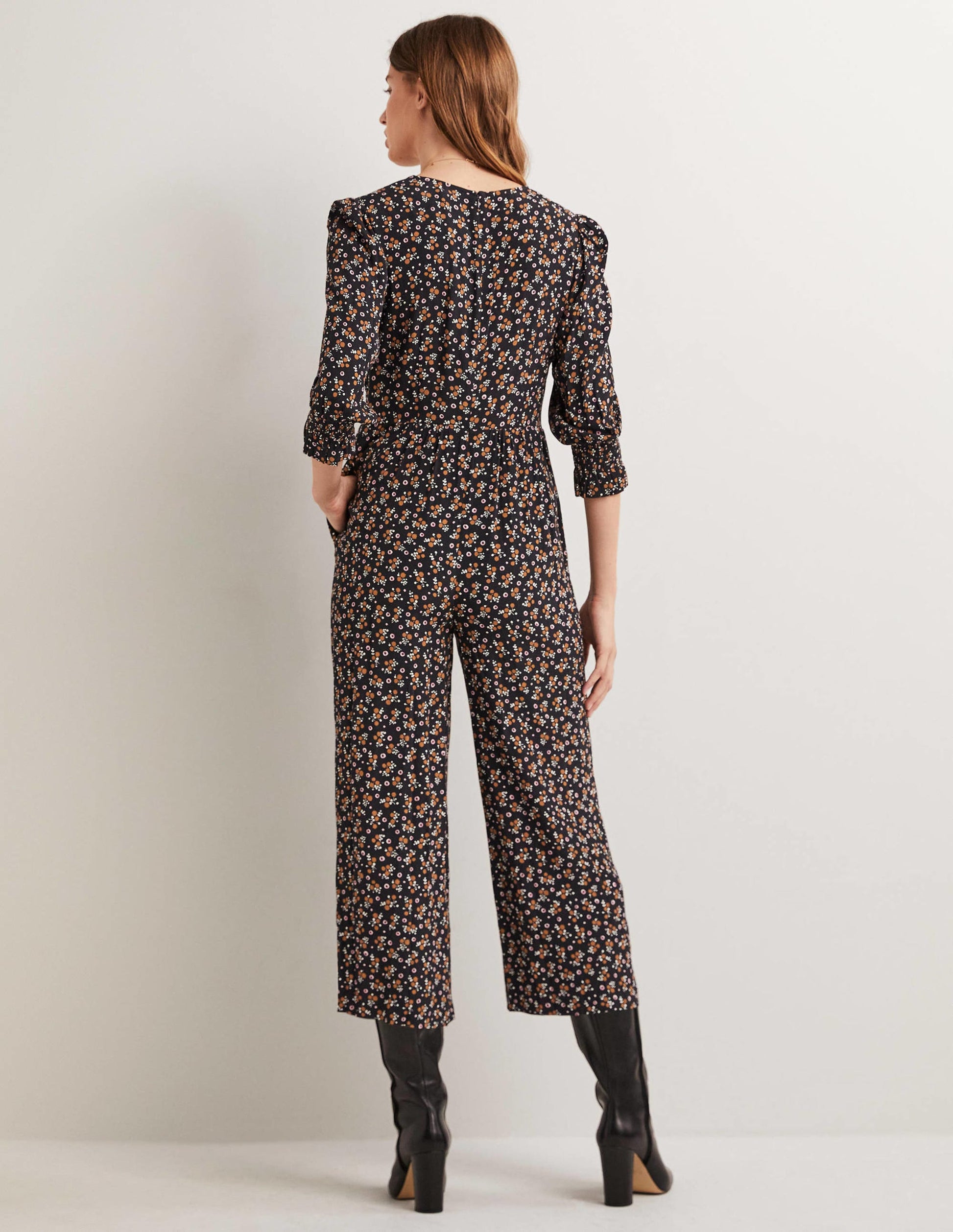 Combinaison avec corsage à smocks-Noir, motif Berry Sprig-4