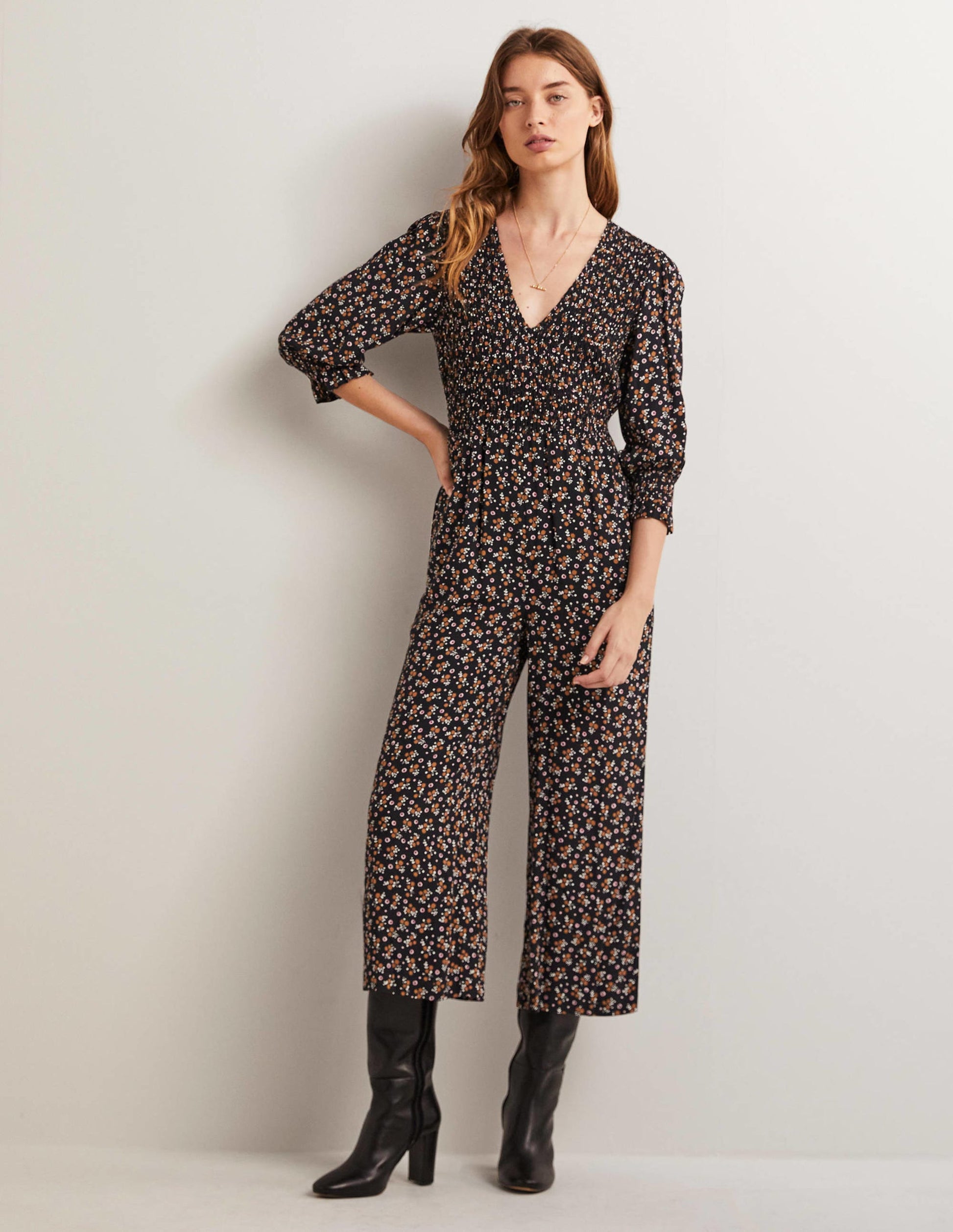 Combinaison avec corsage à smocks-Noir, motif Berry Sprig-5