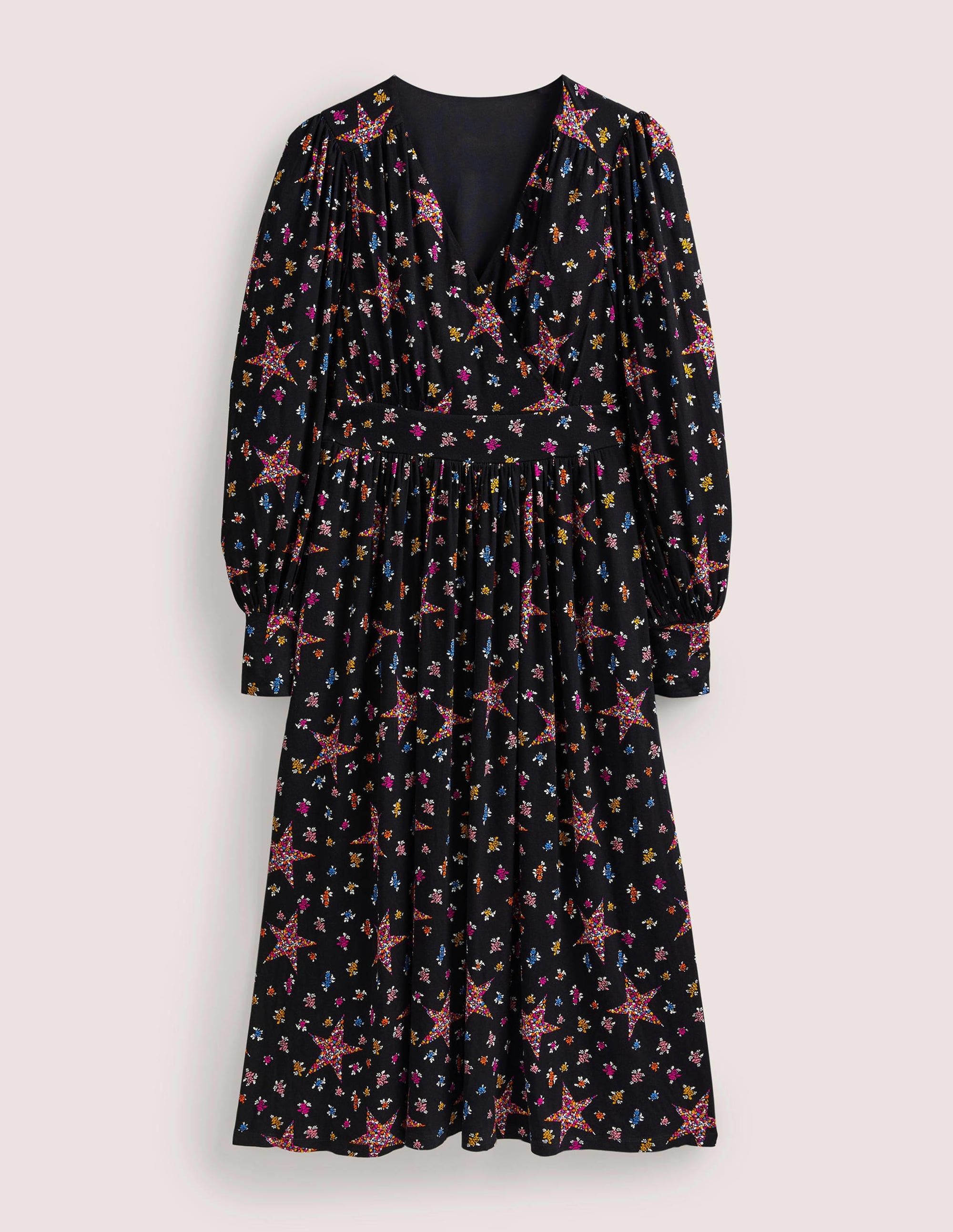 Robe midi à effet portefeuille fixe en jersey-Noir, motif Star Floral - Image 6