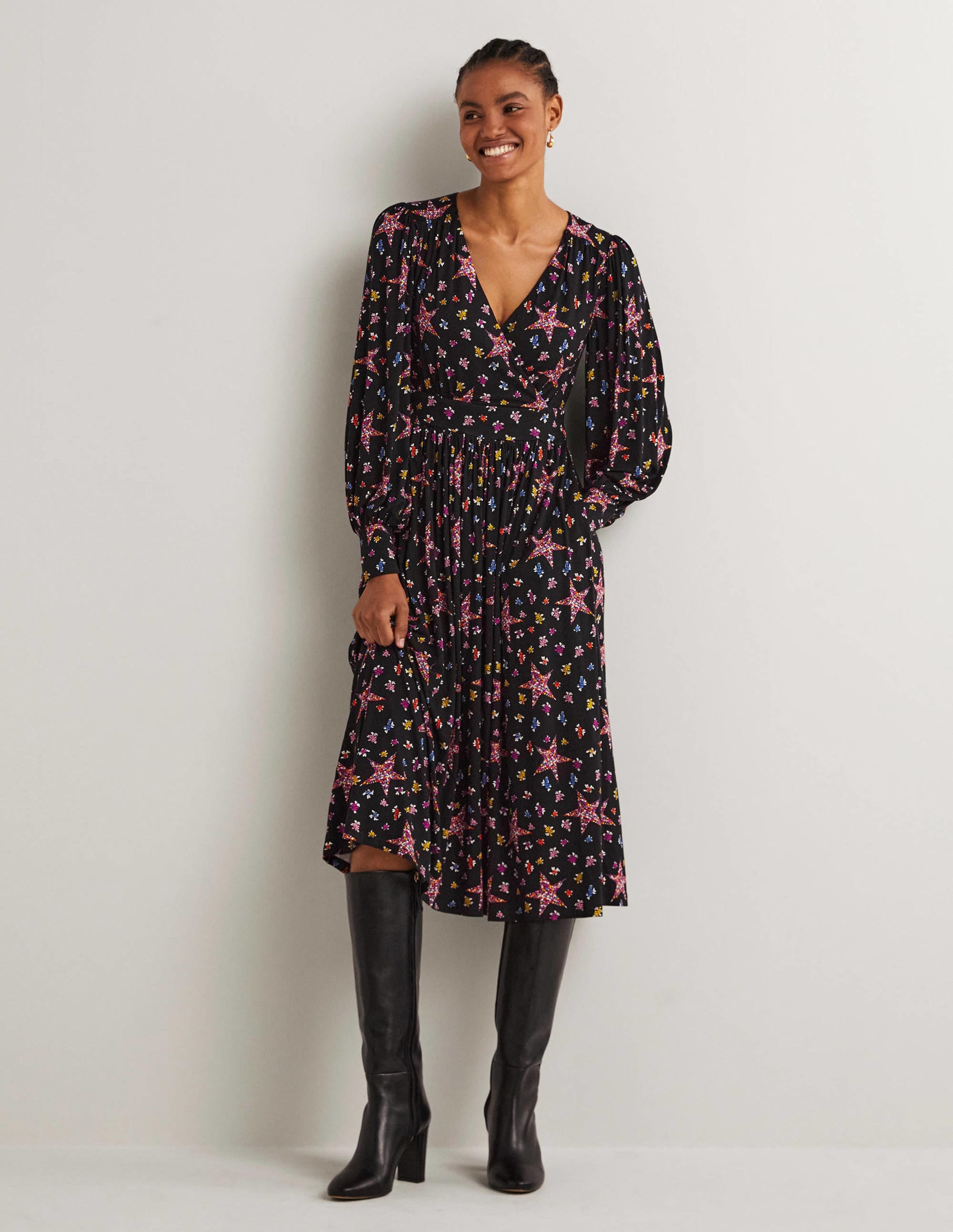 Robe midi à effet portefeuille fixe en jersey-Noir, motif Star Floral - Image 1