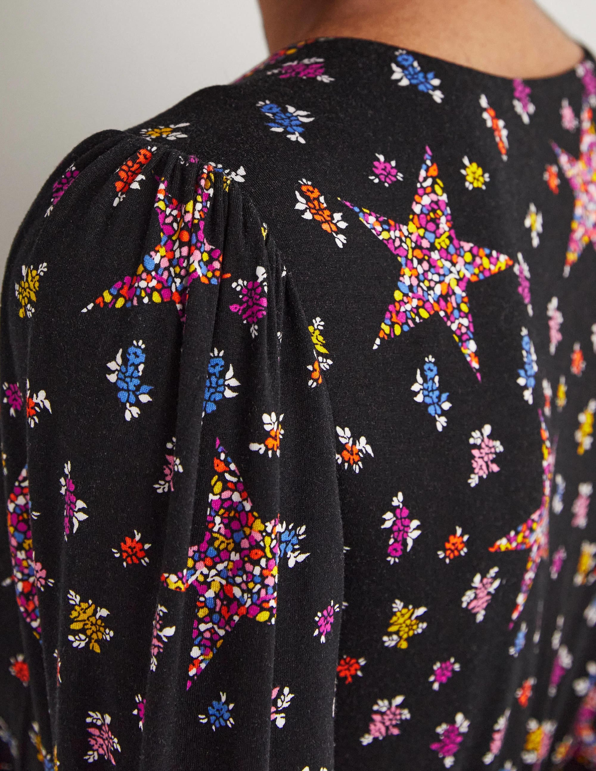 Robe midi à effet portefeuille fixe en jersey-Noir, motif Star Floral - Image 2