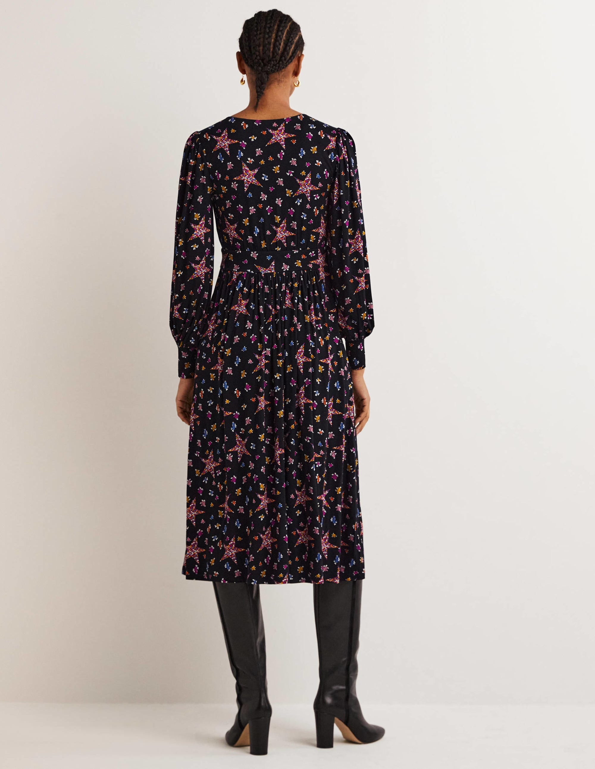 Robe midi à effet portefeuille fixe en jersey-Noir, motif Star Floral - Image 3