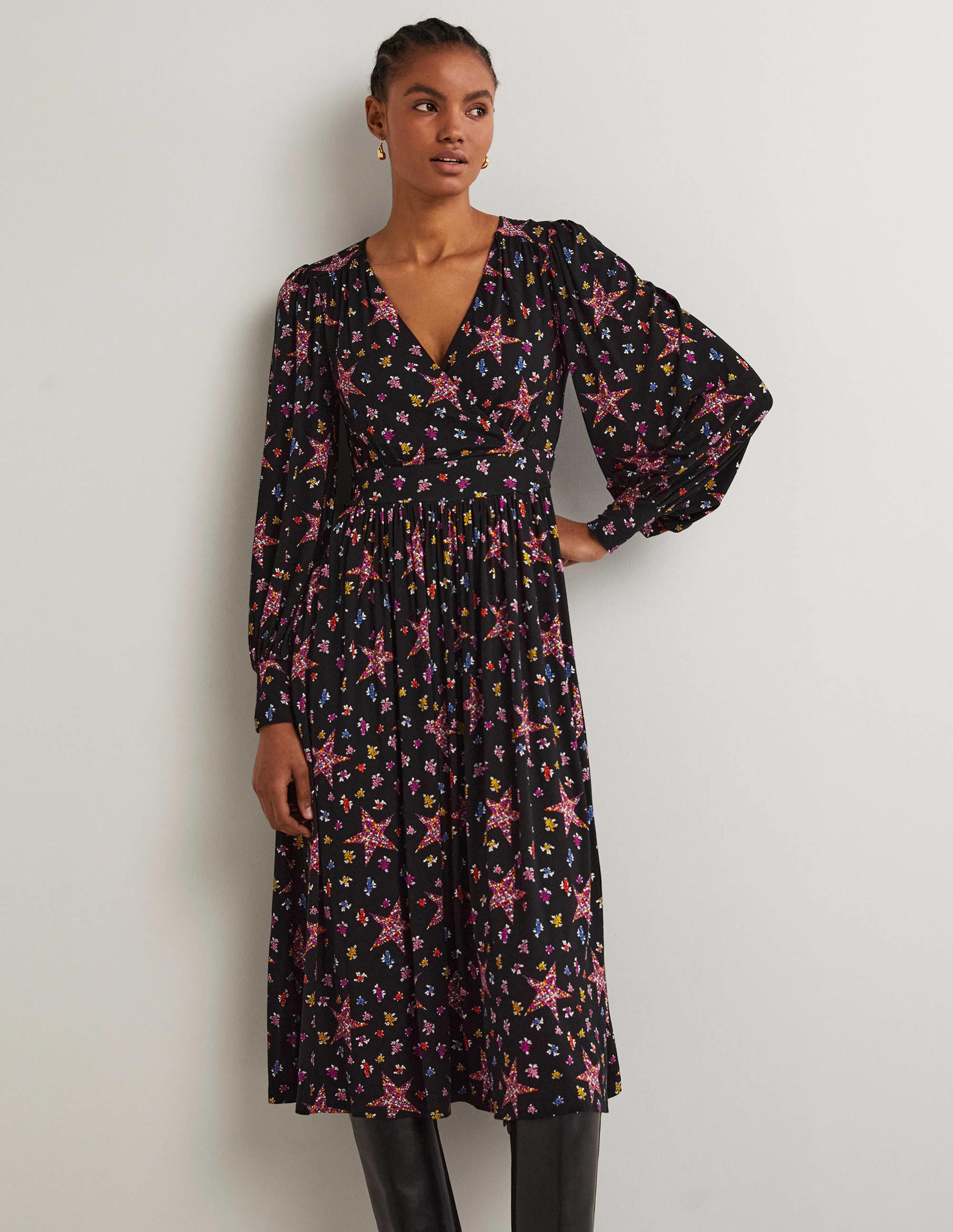 Robe midi à effet portefeuille fixe en jersey-Noir, motif Star Floral - Image 5