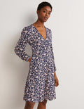 Easy Fixed Wrap Jersey Dress-French Navy, Flower Garden