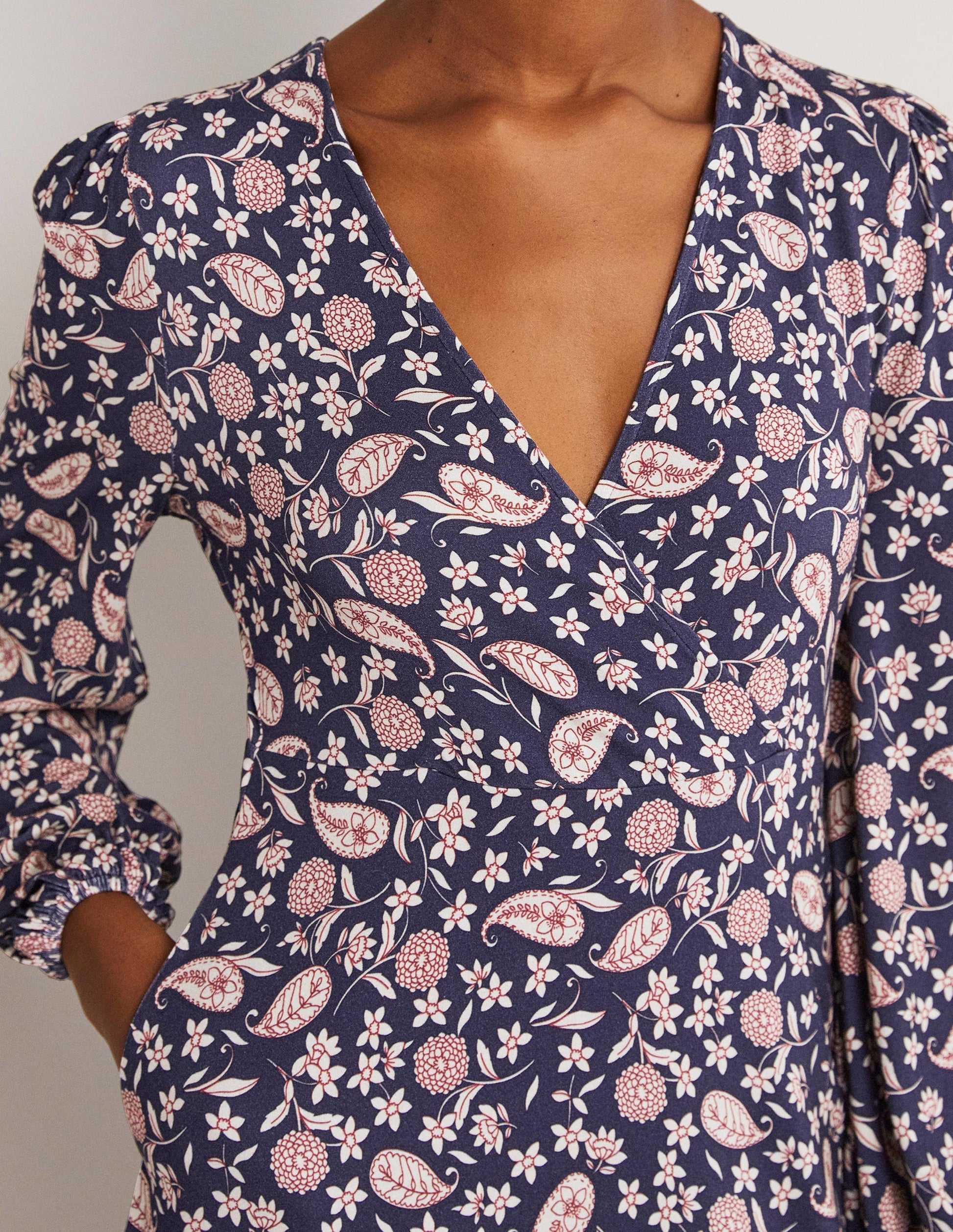 Easy Fixed Wrap Jersey Dress-French Navy, Flower Garden-2