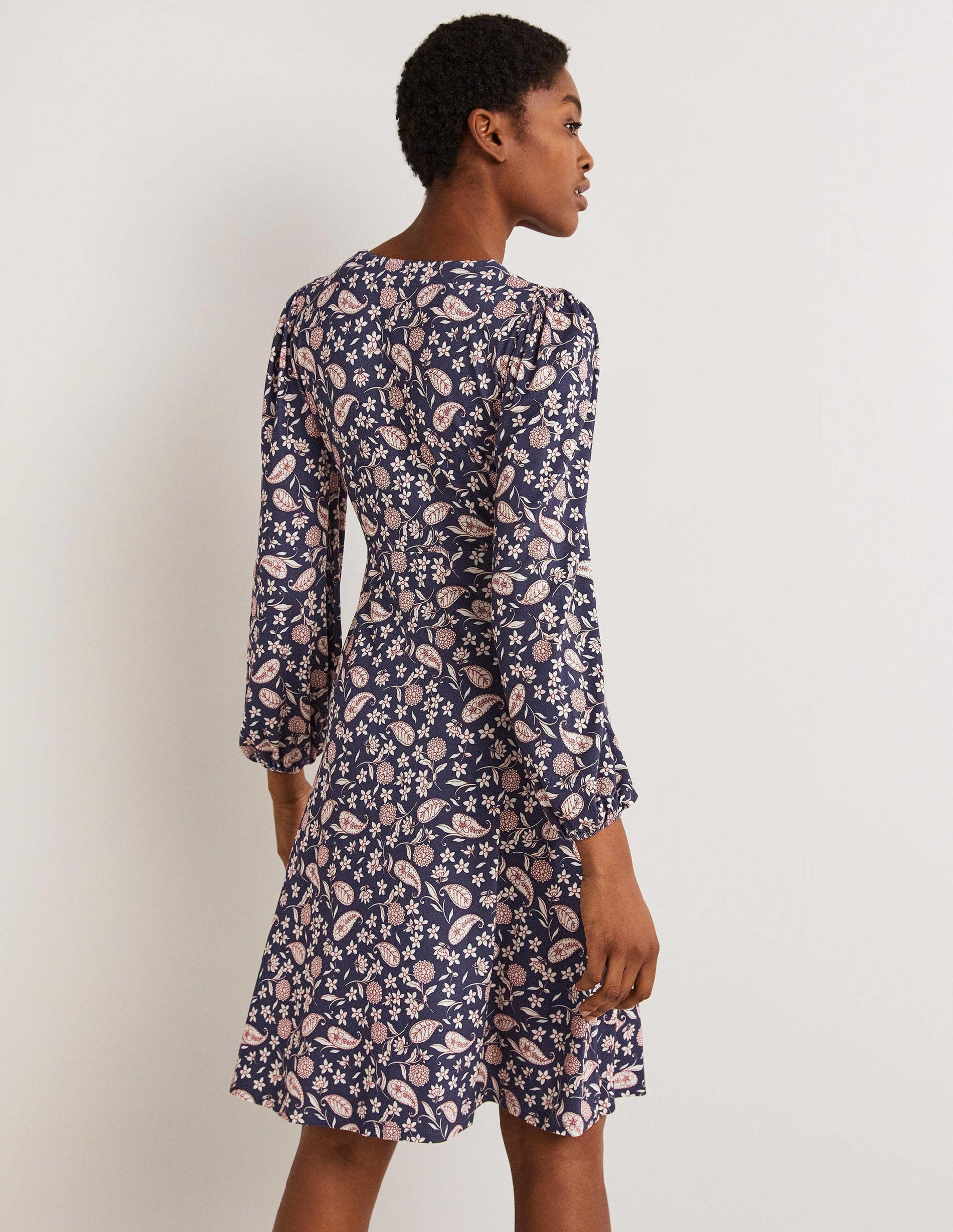 Easy Fixed Wrap Jersey Dress-French Navy, Flower Garden-3