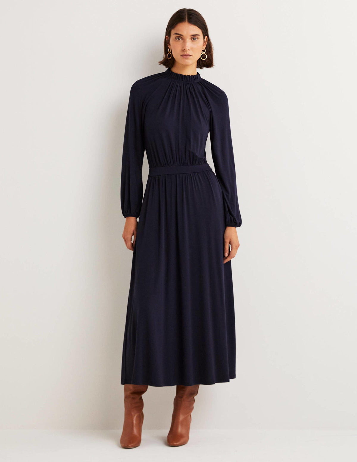 Jersey-Midikleid mit Rüschenkragen-Marineblau-1
