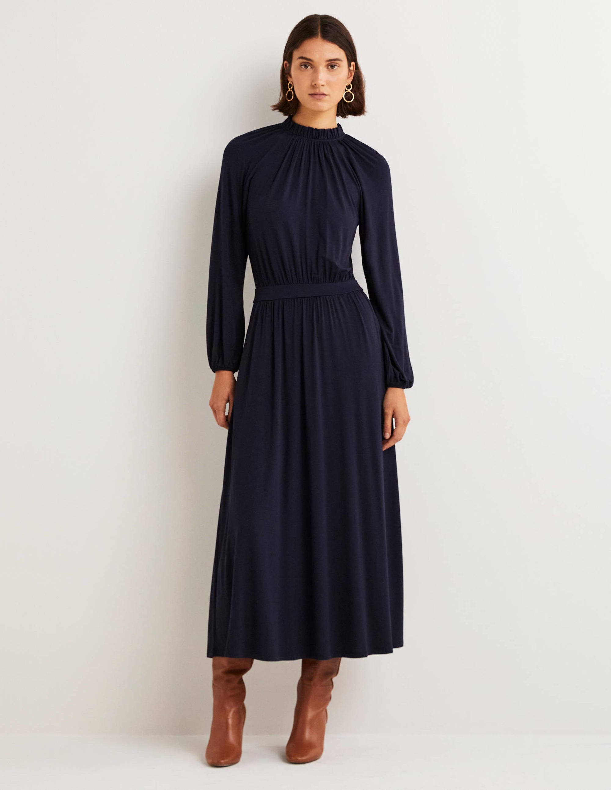 Jersey-Midikleid mit Rüschenkragen-Marineblau - Image 1