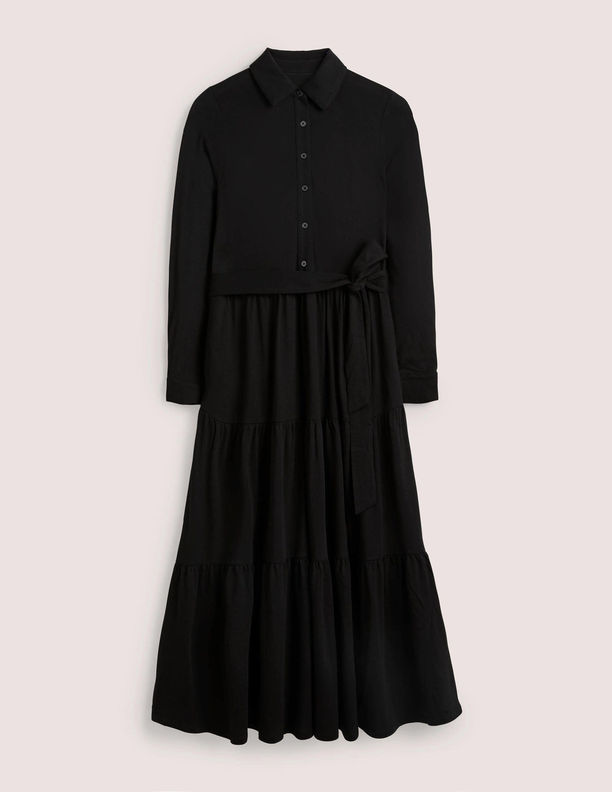 Robe-chemise longue en jersey à volants-Noir-5