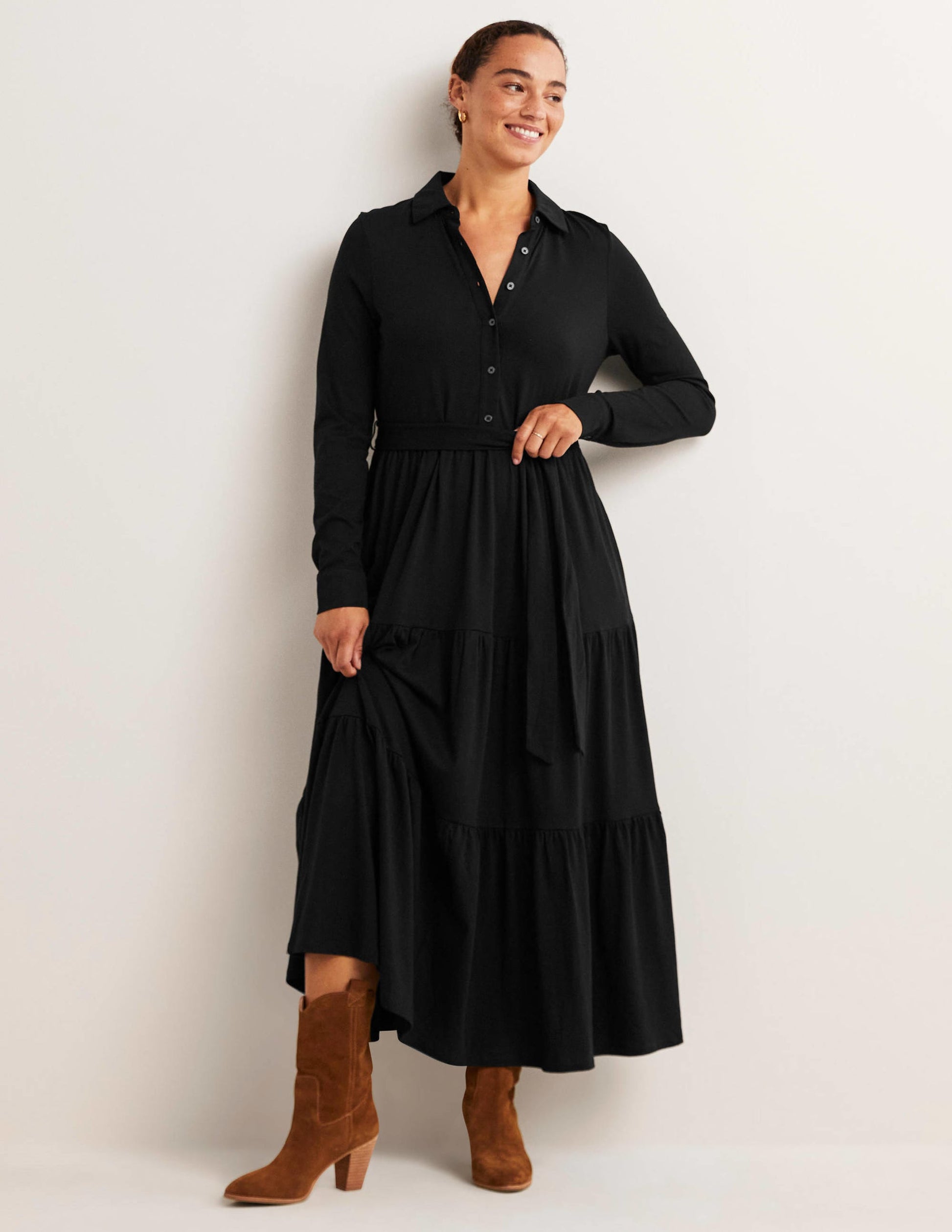 Robe-chemise longue en jersey à volants-Noir-1