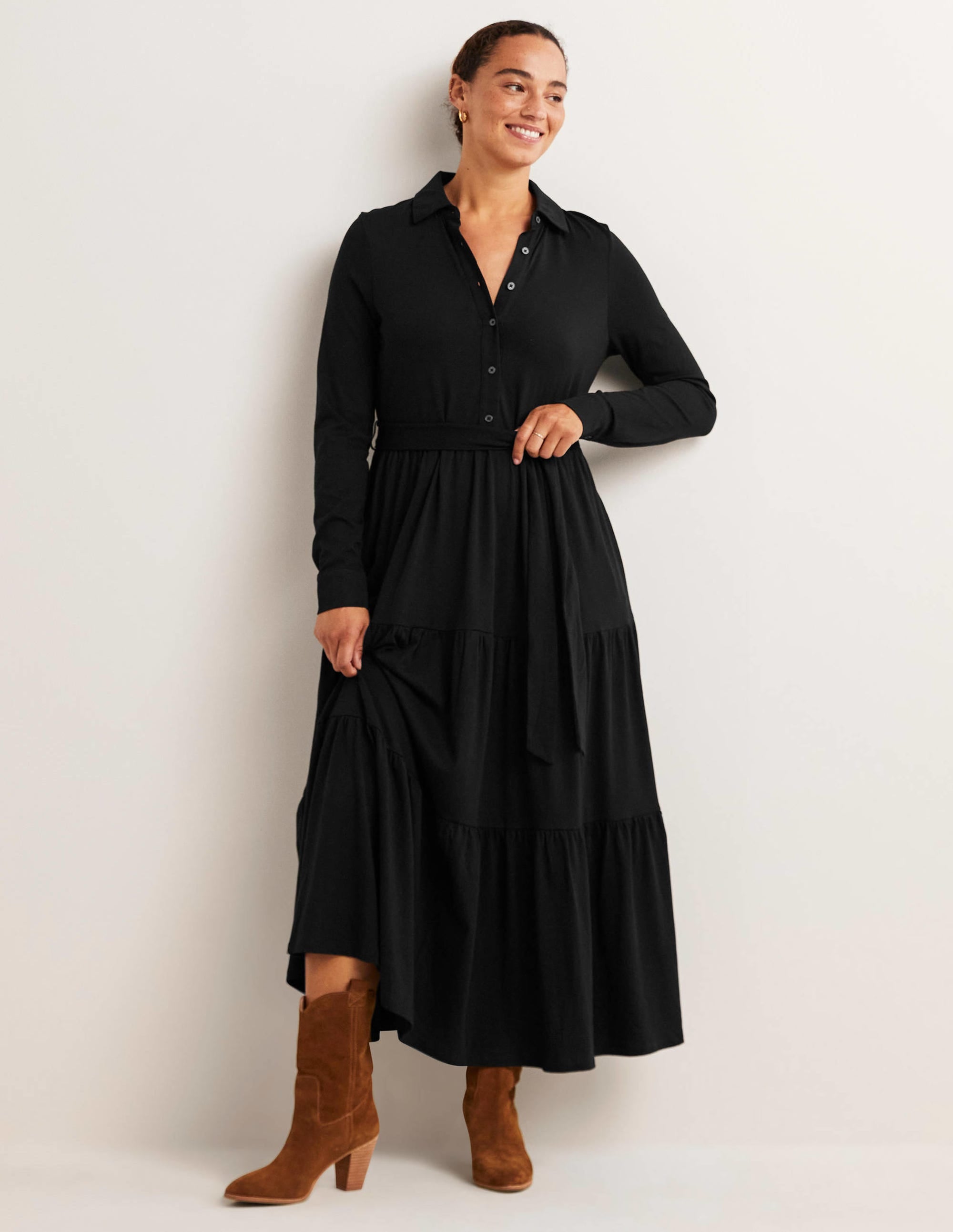 Robe-chemise longue en jersey à volants-Noir - Image 1