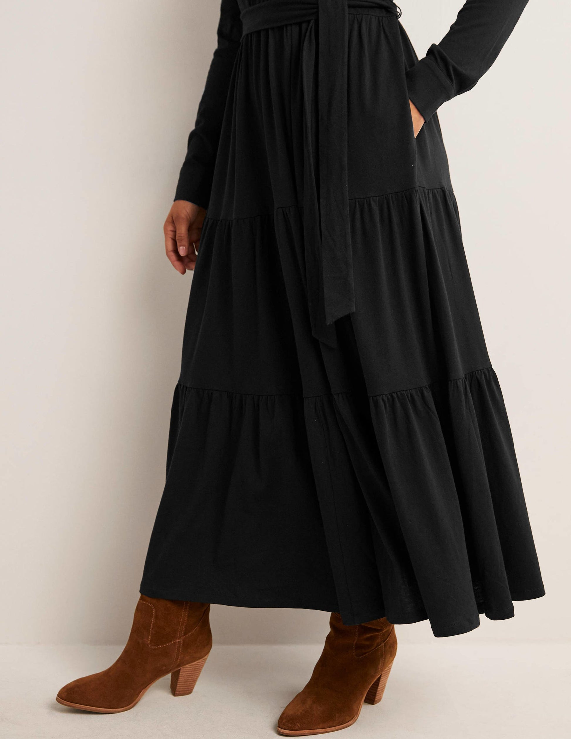 Robe-chemise longue en jersey à volants-Noir-2