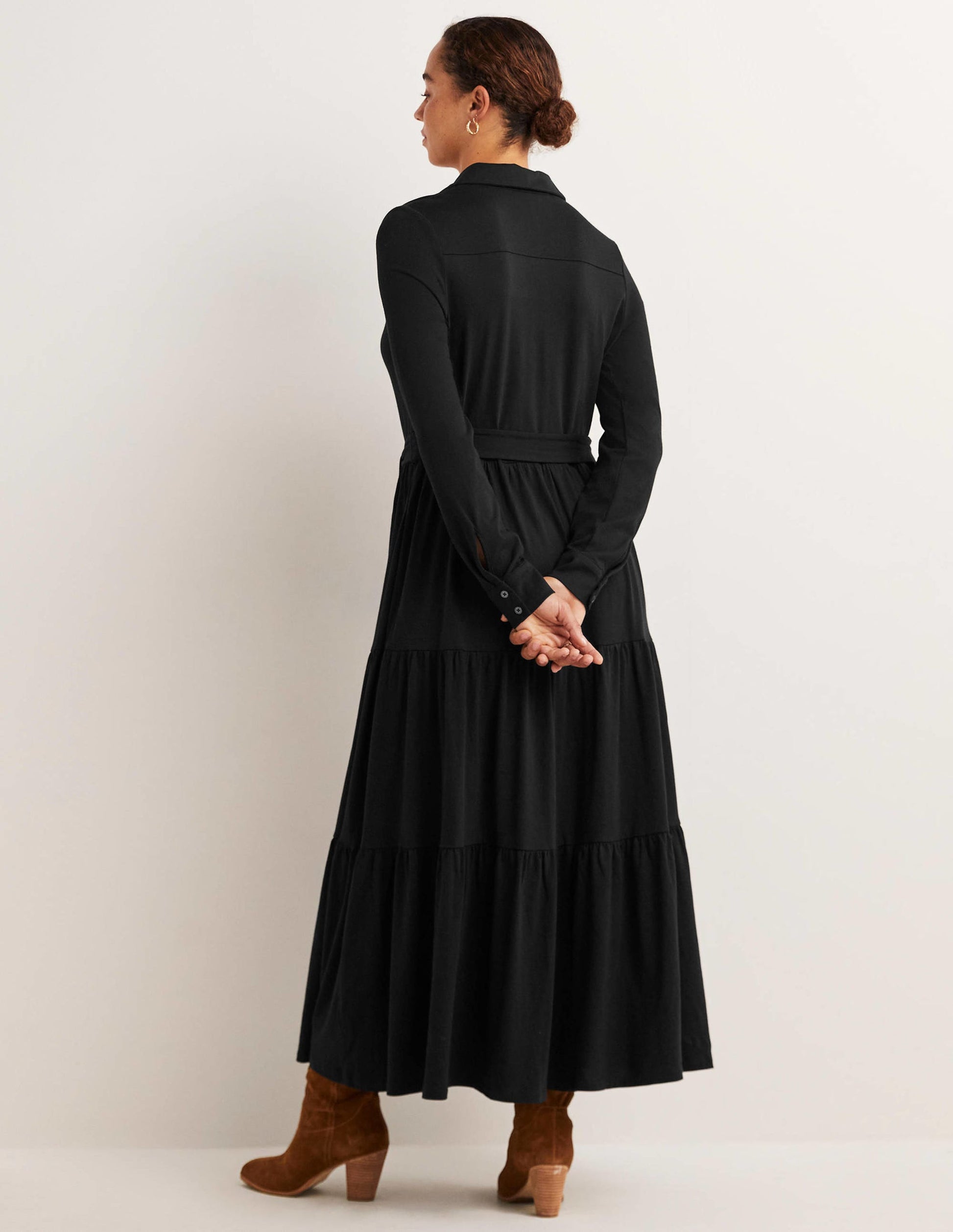 Robe-chemise longue en jersey à volants-Noir-3