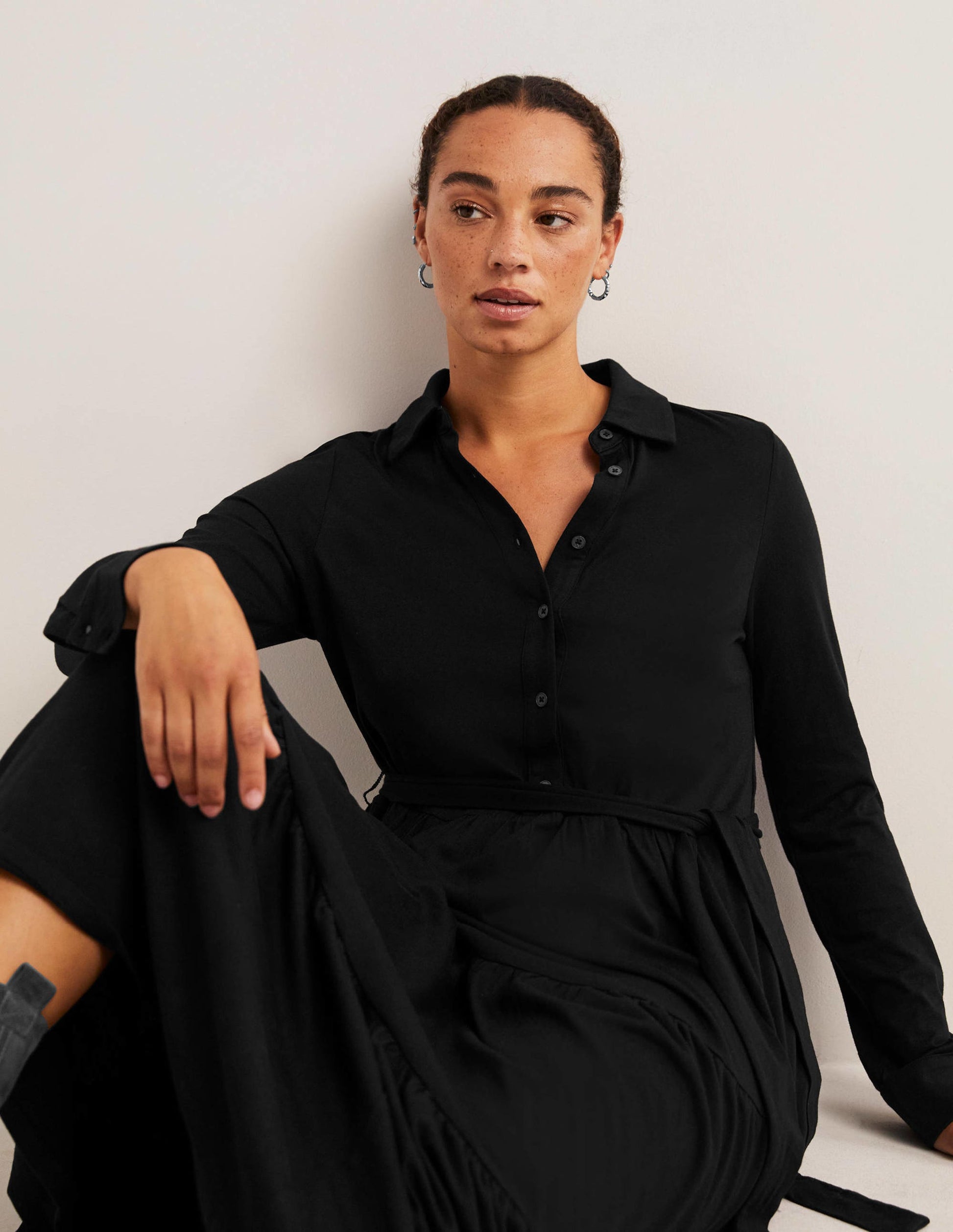 Robe-chemise longue en jersey à volants-Noir-4