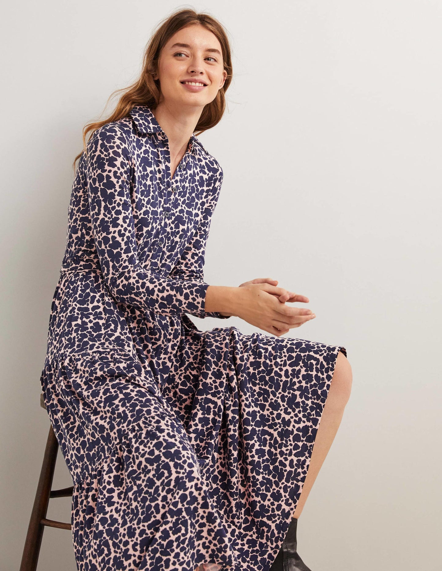 Tiered Jersey Maxi Shirt Dress-Milkshake, Abstract Bud